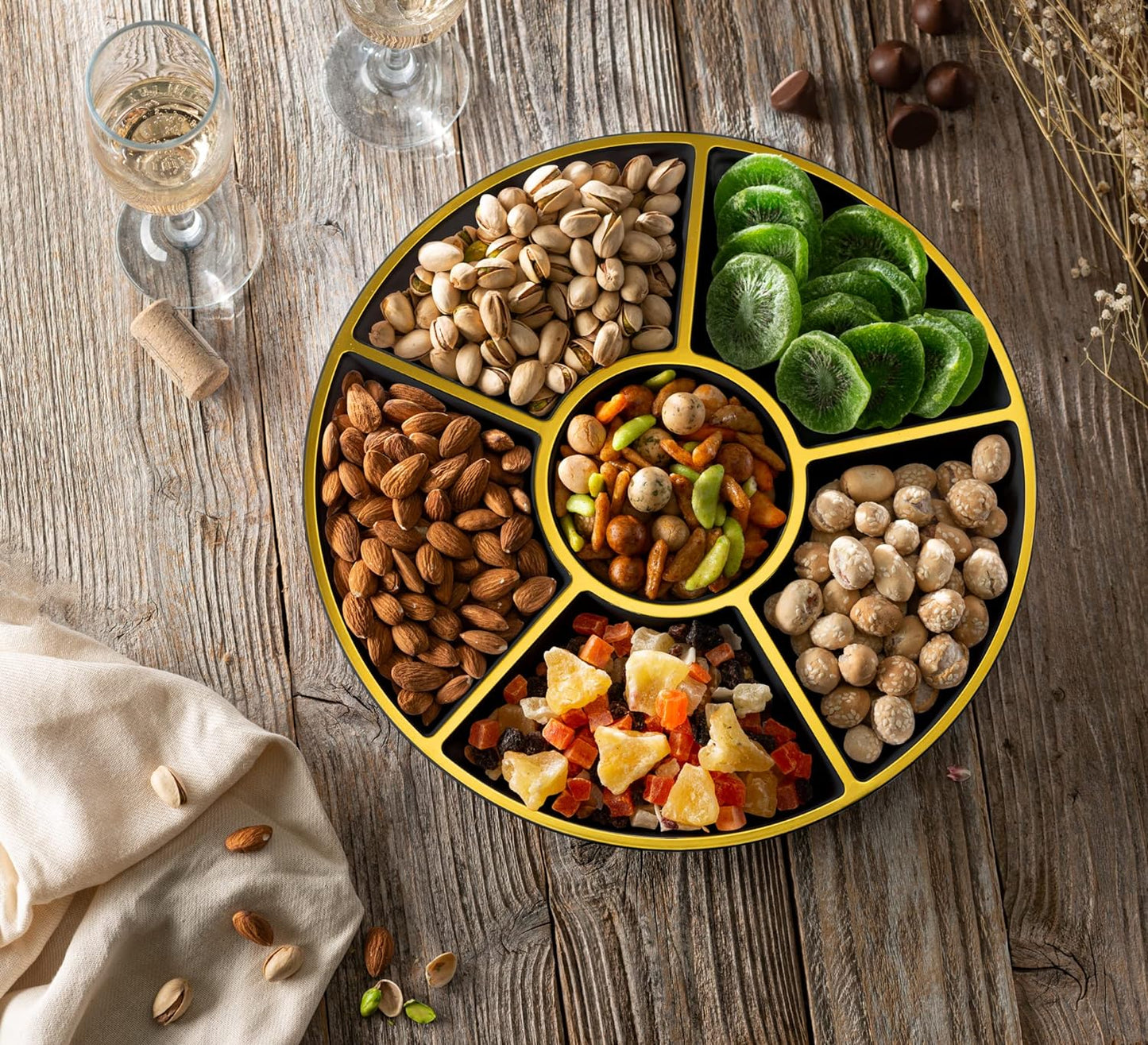 PLASTICPRO 6 Sectional Round Plastic Serving Tray/Platters Black & Gold Pack of 2