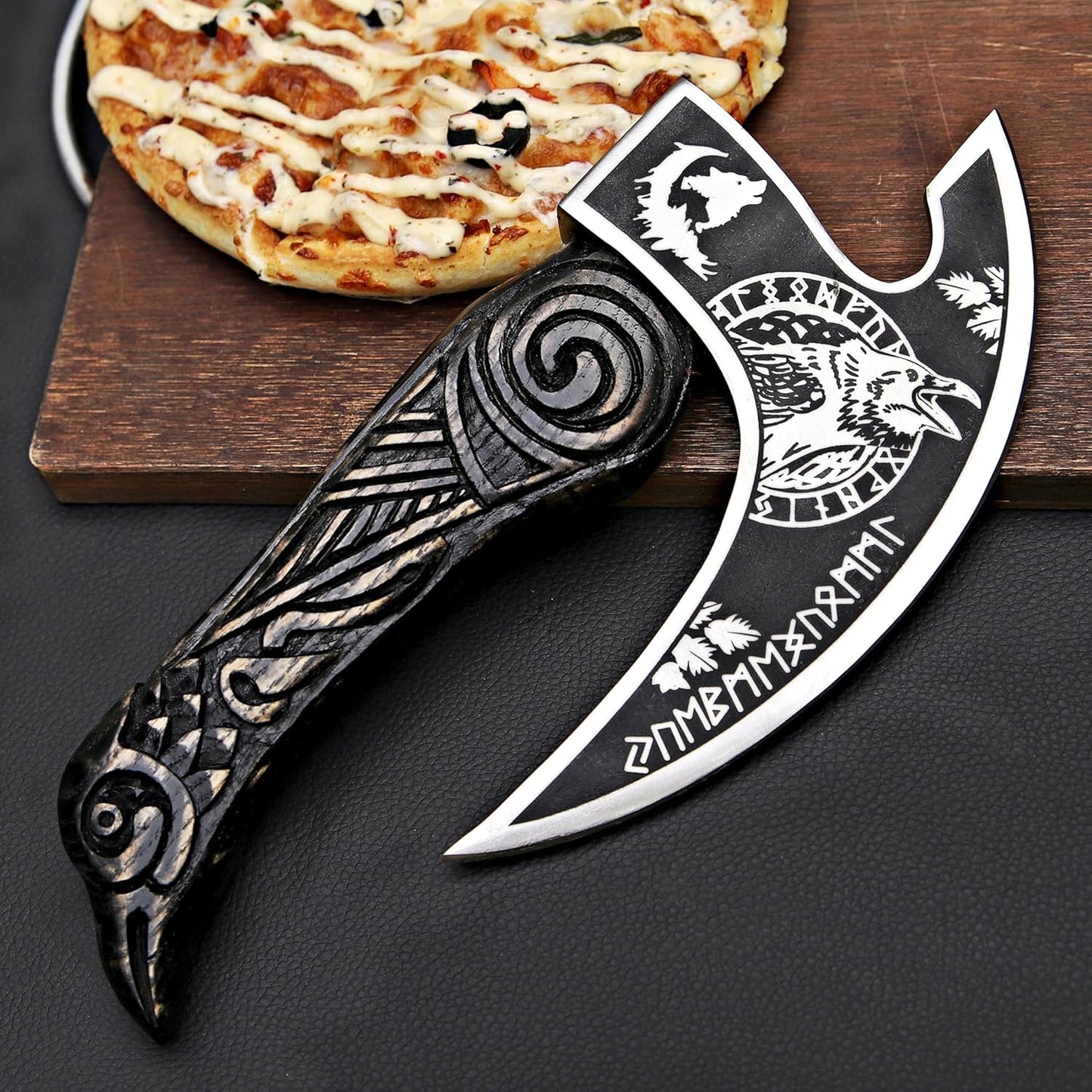 MR. CRAFT Pizza Cutter Axe Rocker Carbon Steel Slicer Chef Pizza Cutter Viking Axe with Leather Cover - Premium Pizza Oven Accessories Ulu Rocking Pizza Gift Gifts for Men (American Eagle)
