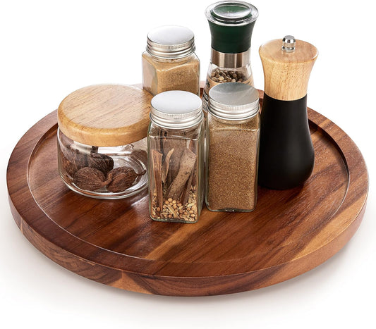 13" Acacia Wood Lazy Susan Organizer for Cabinet - Round Lazy Susans Turntable for Countertop - Wooden Kitchen Rotating Storage Food Bin Container for Centerpiece Table, Spices, Pantry
