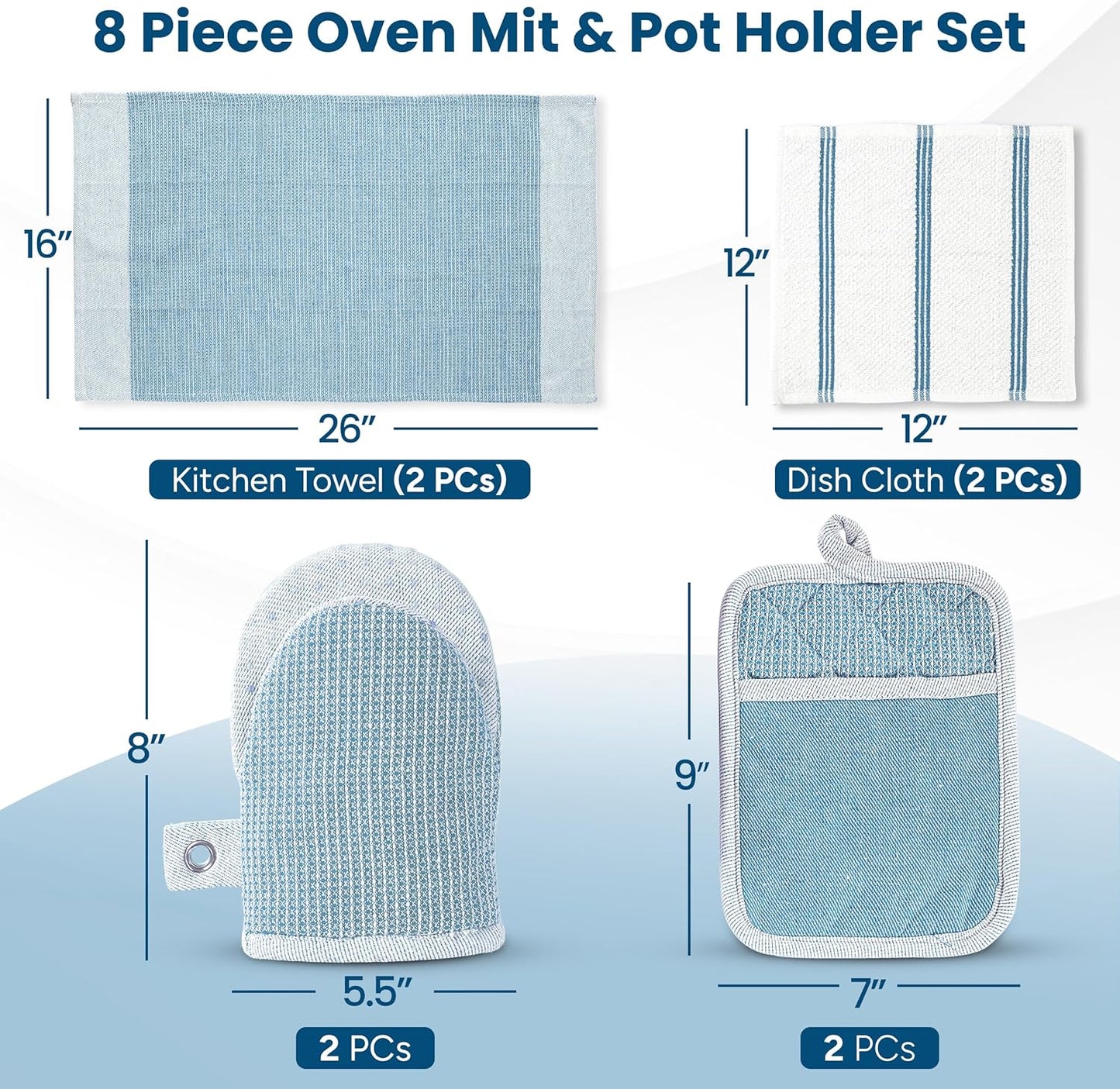Casa Platino Silicone Oven Mitts Set, 8-Piece – 500°F Heat Resistant Mini Oven Mitt Set, Potholders for Kitchens, 2 Kitchen Towels & 2 Dish Cloths – Durable, Non-Slip & Machine Washable – Cornflower