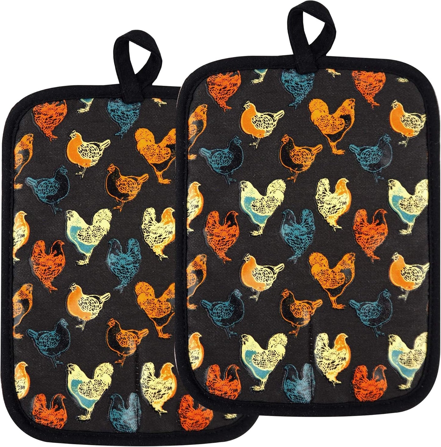 Pot Holders Set of 2 Heat Resistant 480 ℉Non Slip Clear Silicone Printed Comfortable Cotton Lining Kitchen Women Men Cooking Baking Microwave Machine Washable (Rooster, Black Potholders)