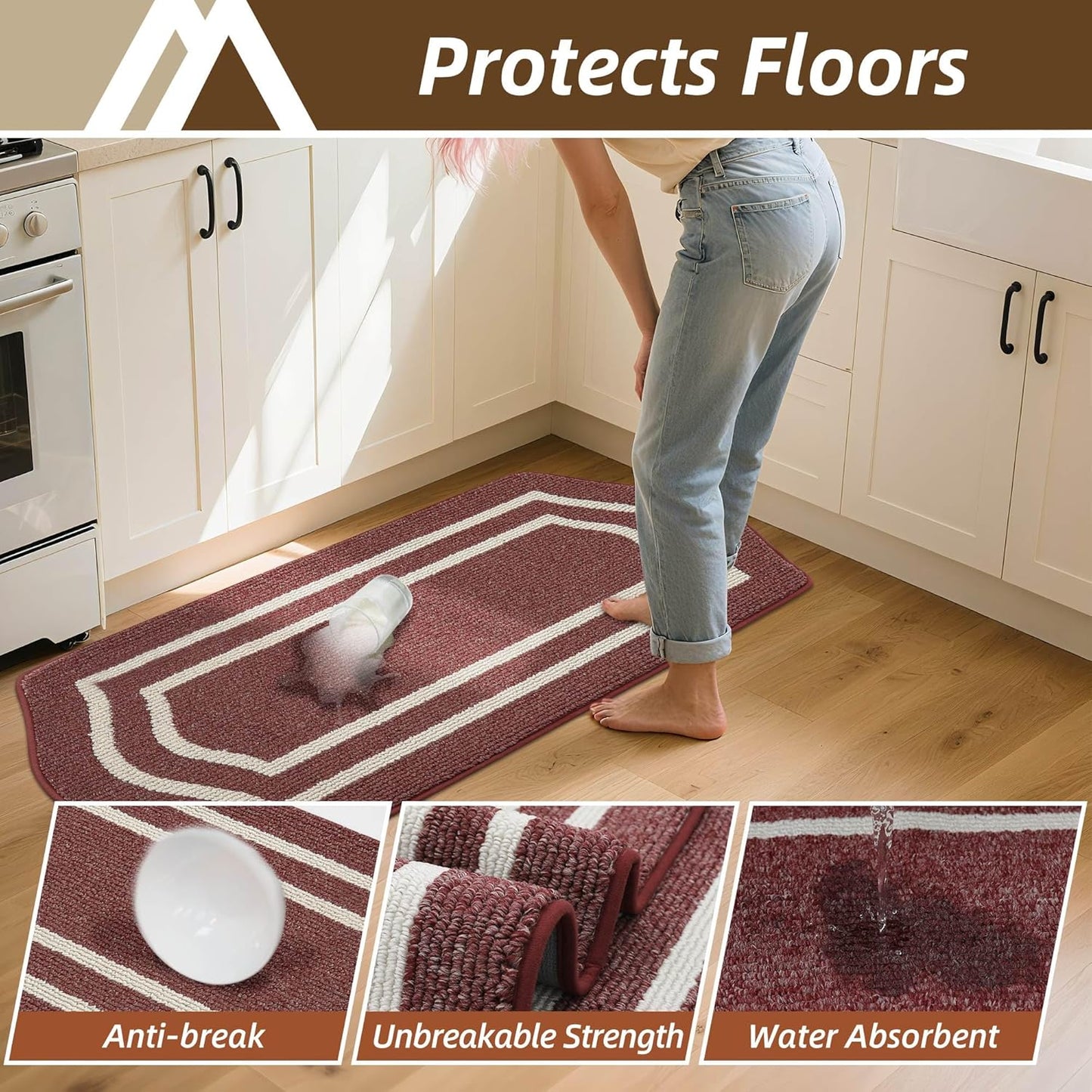 COSY HOMEER Long Kitchen Floor Mats for in Front of Sink Super Absorbent Kitchen Rugs and Mats 24"x48"+24"x59"Non-Skid Kitchen Mat Standing Mat Washable,Polypropylene,Red,Frame