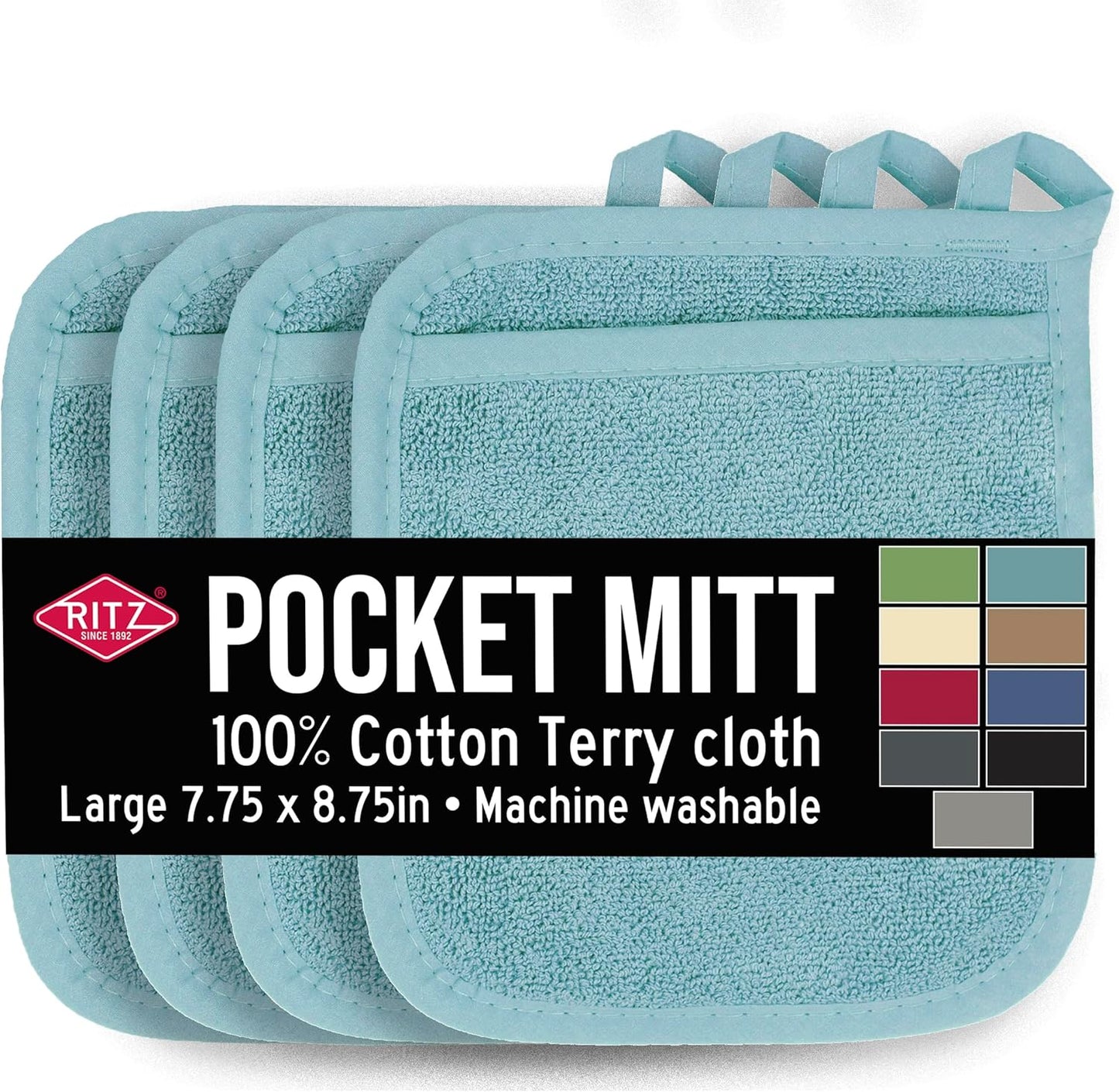 RITZ Terry Pocket Mitt & Hot Pad: Unparalleled Heat Resistant, Durable 100% Cotton,Ergonomically Designed for Optimal Grip, Easy-Care Machine Washable 4-Pack, Dew