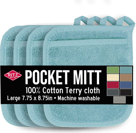 RITZ Terry Pocket Mitt & Hot Pad: Unparalleled Heat Resistant, Durable 100% Cotton,Ergonomically Designed for Optimal Grip, Easy-Care Machine Washable 4-Pack, Dew