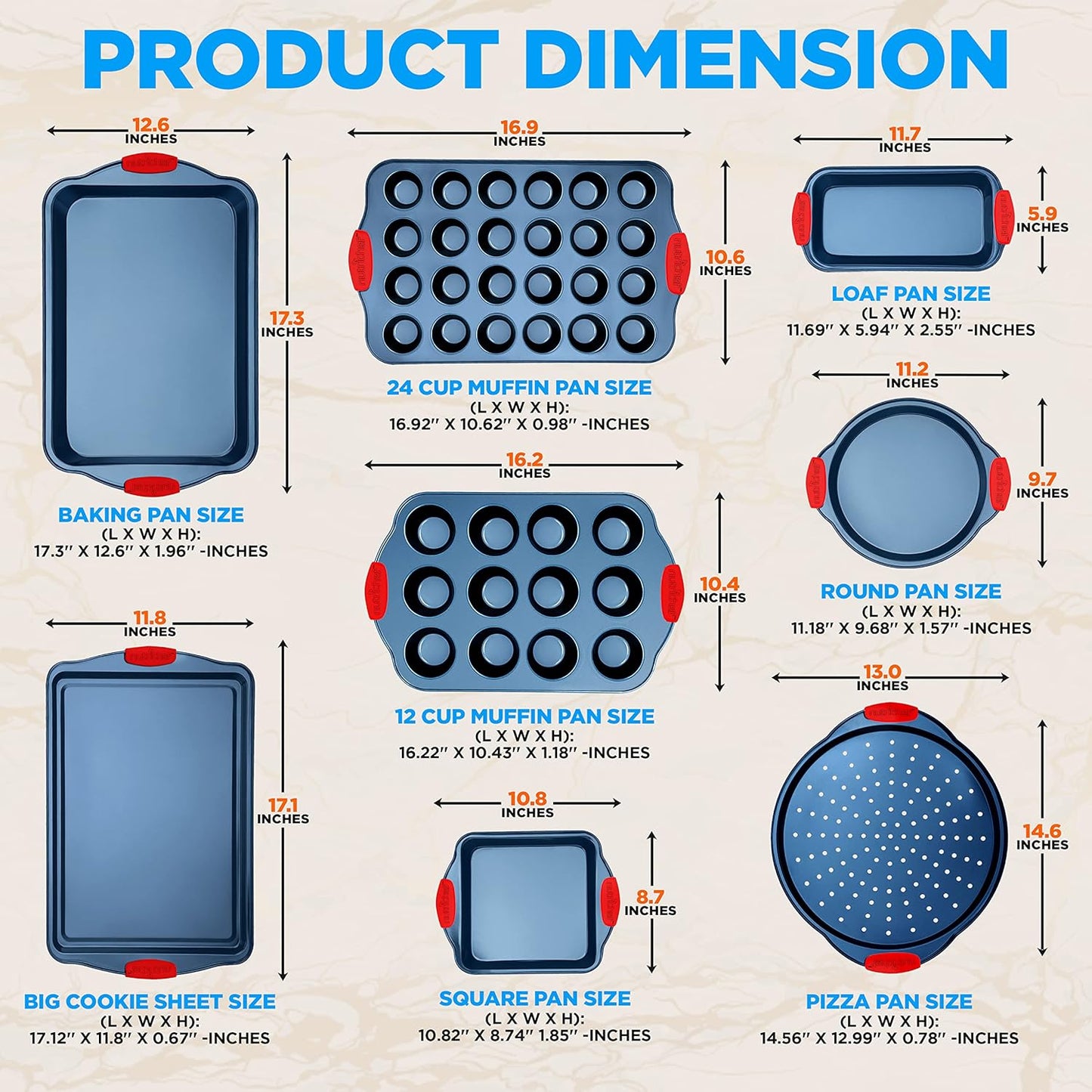 NutriChef 10-Piece Nonstick Bakeware Set - Deluxe Carbon Steel with Blue Silicone Coating, Red Handles, Professional Grade Kitchen Essentials, Ideal for Baking Cakes, Cookies, and More (Blue)