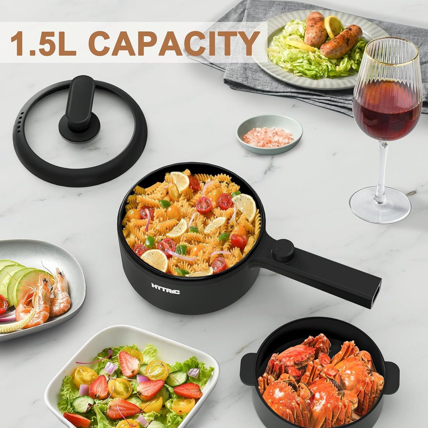 HYTRIC Hot Pot Electric, 1.5L Portable Non-stick Frying Pan, Electric Cooker for Steak, Egg, Pasta, Ramen Cooker with Dual Power Control, Mini Electric Pot for Office, Dorm Room Essential, Black