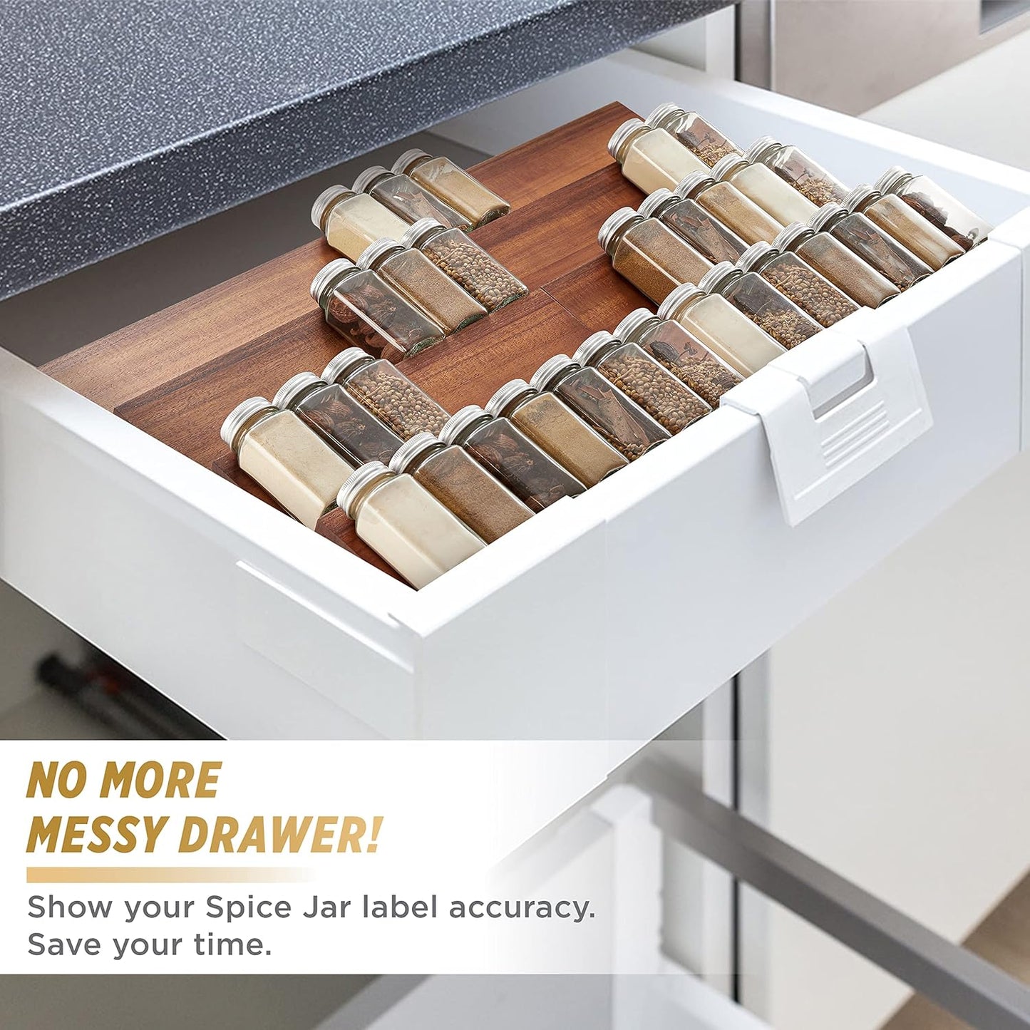 Tinamo Wood Spice Drawer Organizer - Acacia Wooden Tray Spice Racks Organizer for Cabinet Storage Shelf - 4 Tier Spice Rack for Drawer 32 Jars (Pack 4)
