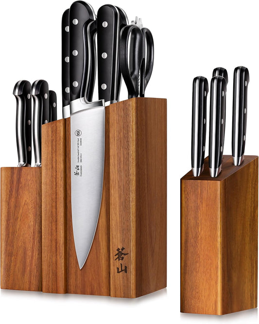 Cangshan TV2 Series 1023046 Swedish 14C28N Steel Forged 14-Piece DENALI Magnetic Knife Block Set, Acacia