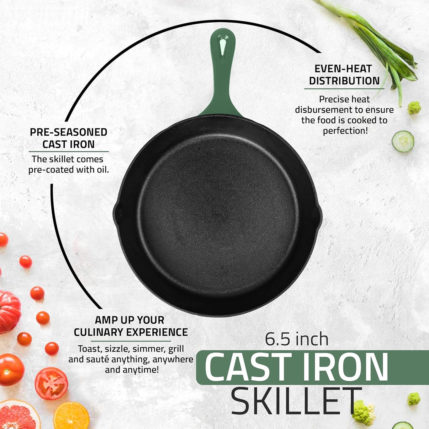 Utopia Kitchen Cast Iron Frying Pan 8 Inch, Cast Iron Chefs Pan, Pre Seasoned Skillet, Safe Grill Cookware for Indoor & Outdoor Use, Green