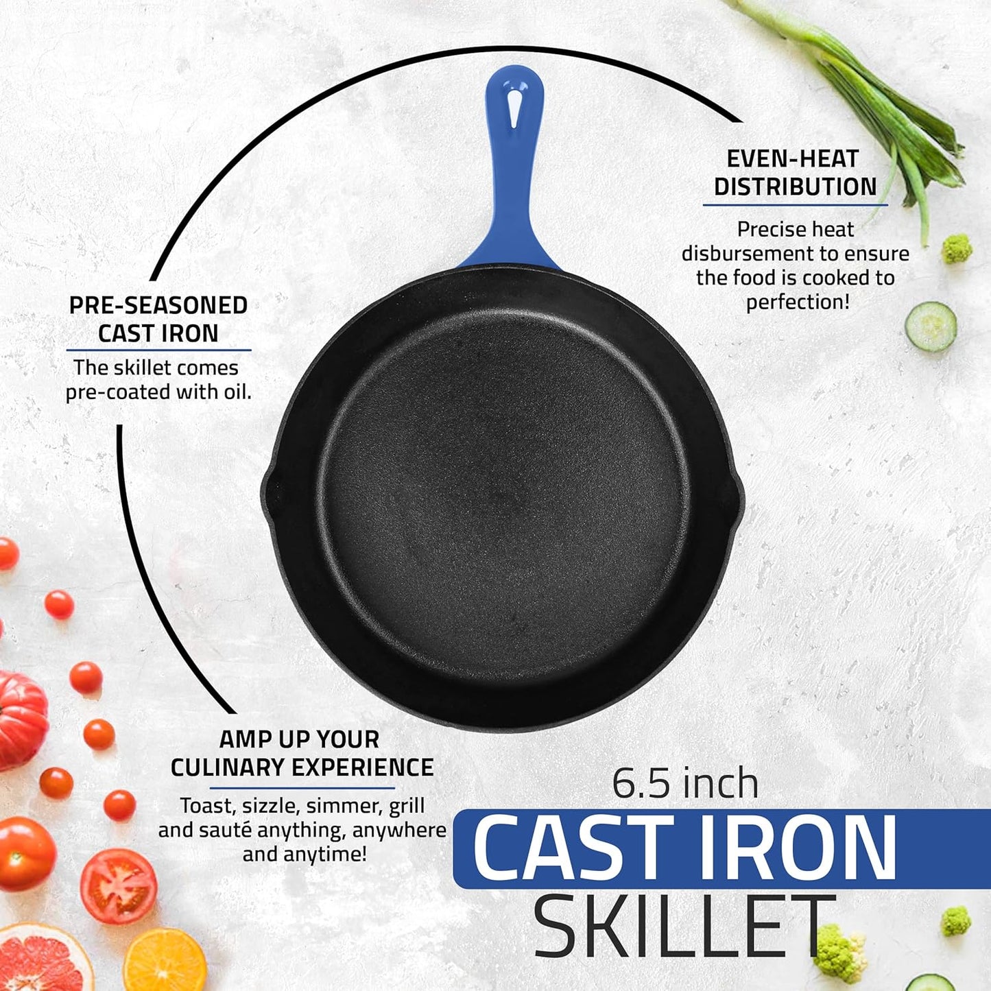 Utopia Kitchen Skillet 6.5 Inch, Cast Iron Chefs Pan, Pre Seasoned Skillet, Safe Grill Cookware for Indoor & Outdoor Use, Blue