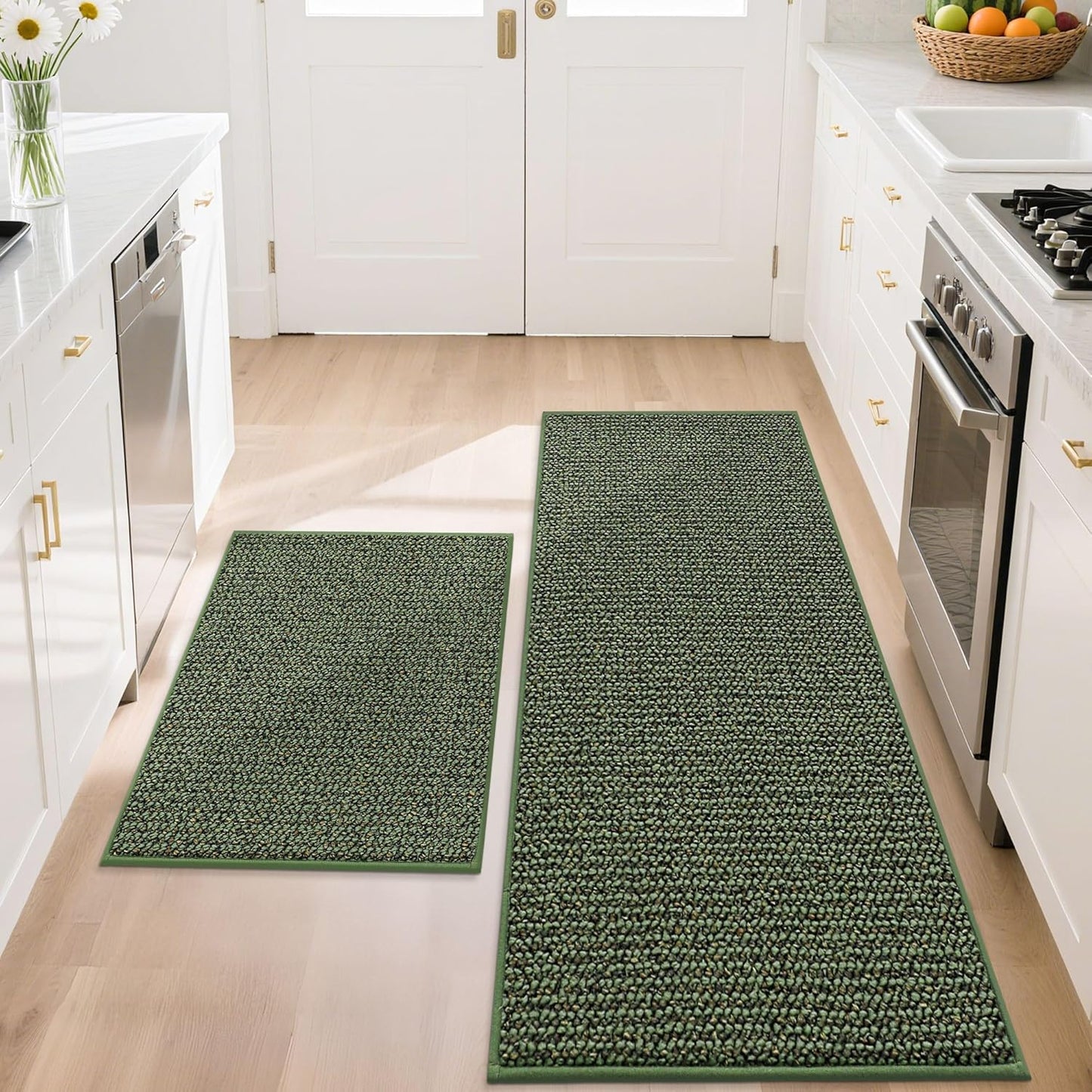 BEQHAUSE Kitchen Rugs and Mats 2PCS, Non-Slip Kitchen Mats for Floor, Absorbent and Stain Resistant Kitchen Runner, Machine Washable Rugs for Kitchen, Laundry & Sink, 20"x32"+20"x48", Green