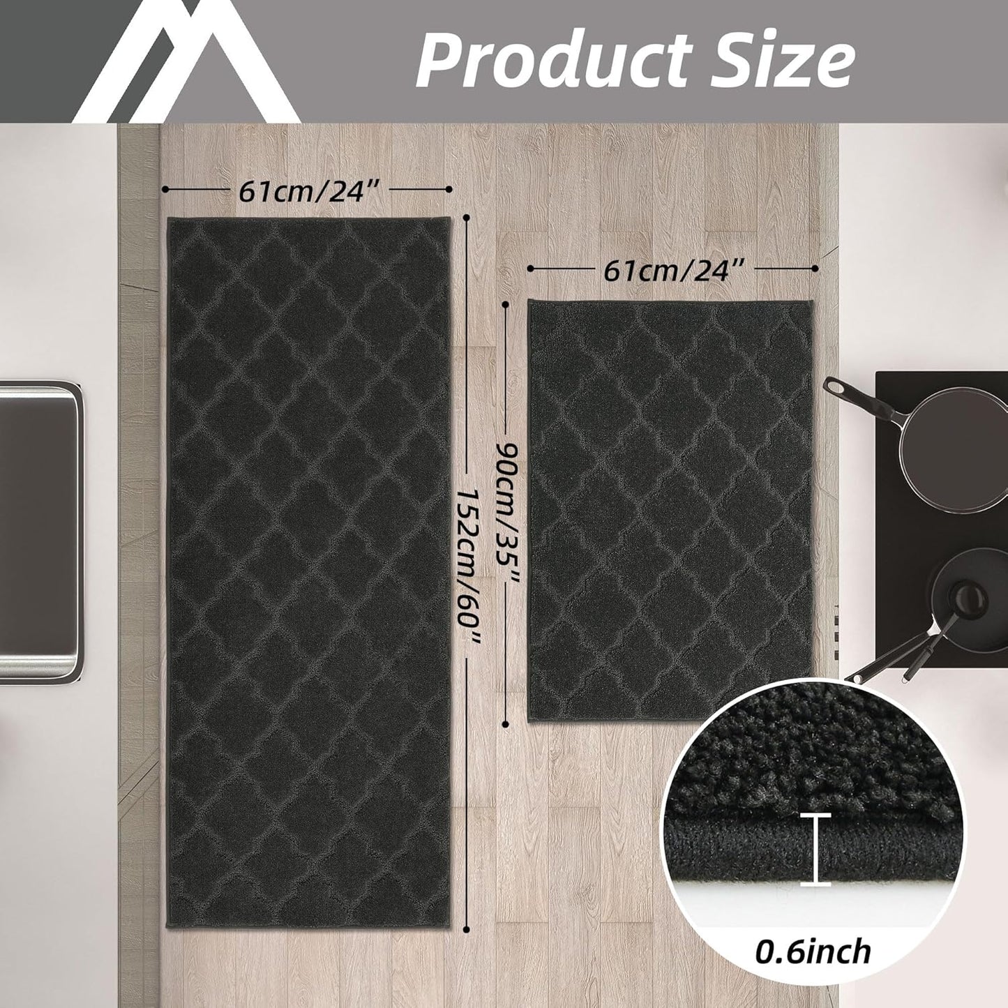 COSY HOMEER Soft Kitchen Rugs [2 PCS] for in Front of Sink Super Absorbent Kitchen Floor Mats and Mats 24x35 Inch/24X60 Non-Skid Kitchen Mat Standing Mat Washable,Polyester,Black