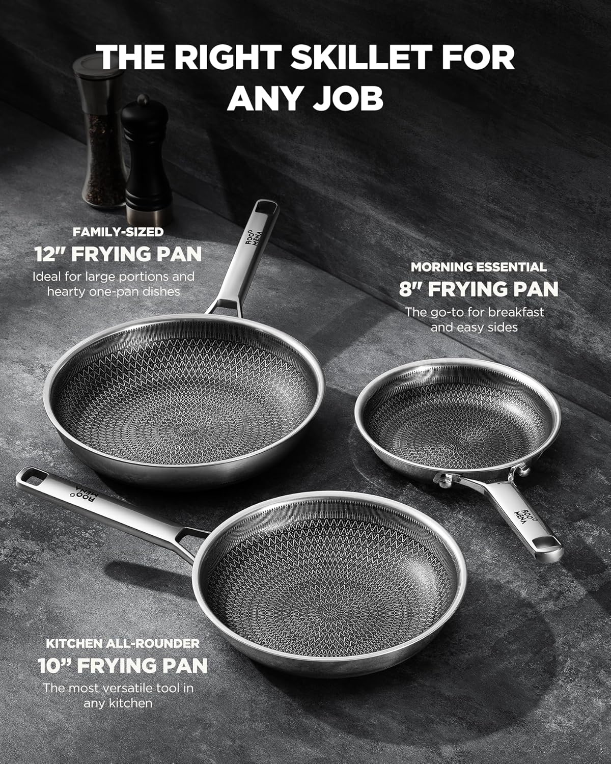 Nonstick Frying Pan Set, Non-Toxic Tri-Ply Hybrid Ceramic Skillet 3 Piece, 8, 10 & 12 Inch Stainless Steel Pans, PFAS/PFOA/PTFE Free, Metal Utensil Safe, Dishwasher & Oven Safe, Induction Compatible
