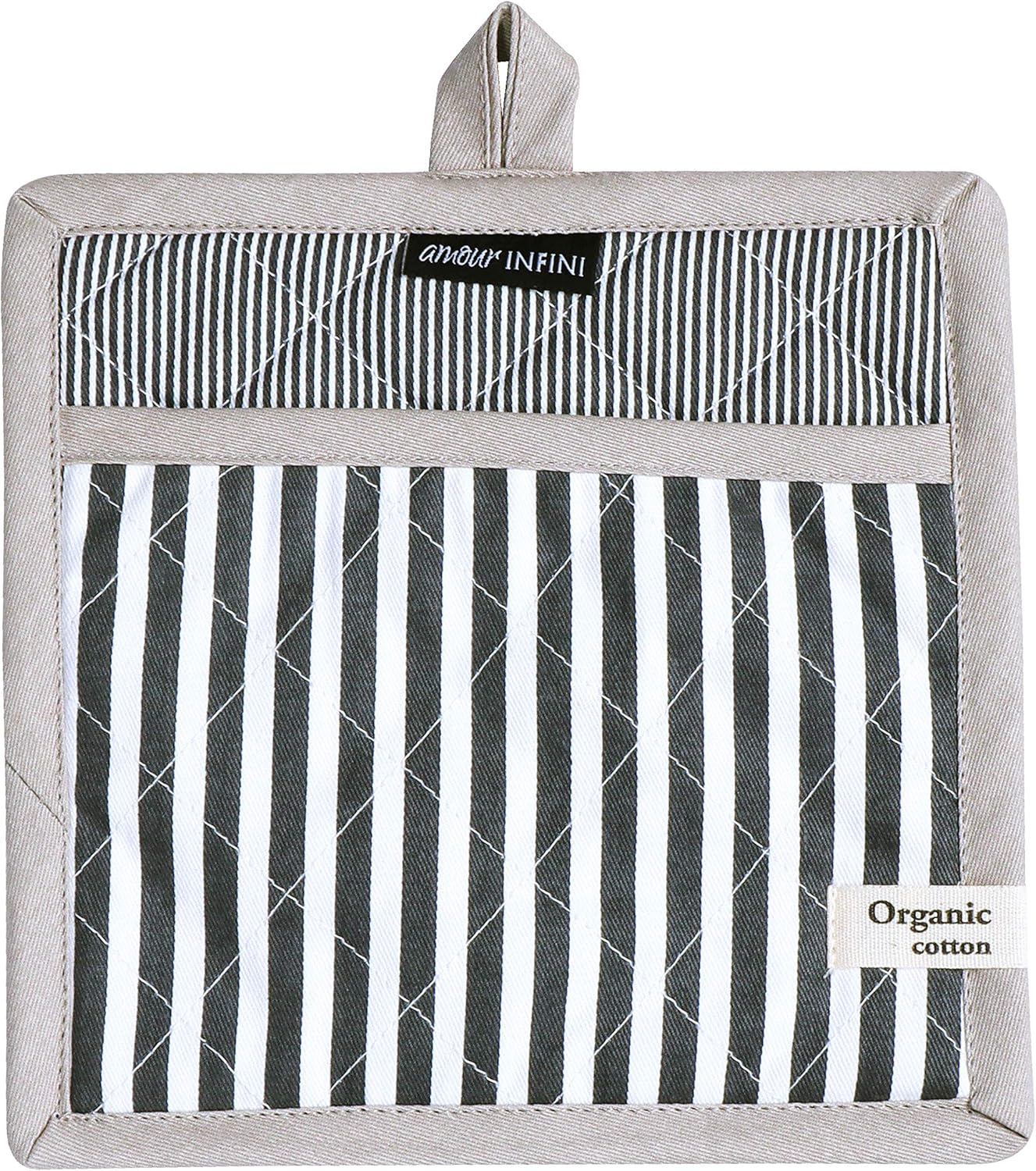 AMOUR INFINI Pot Holders Heat Resistant Cotton Set of 3 Nonslip 8"x8" Inch Hot Pads for Kitchen, BBQ, Baking & Cooking with Hanging Loops (Stripe Charcoal)