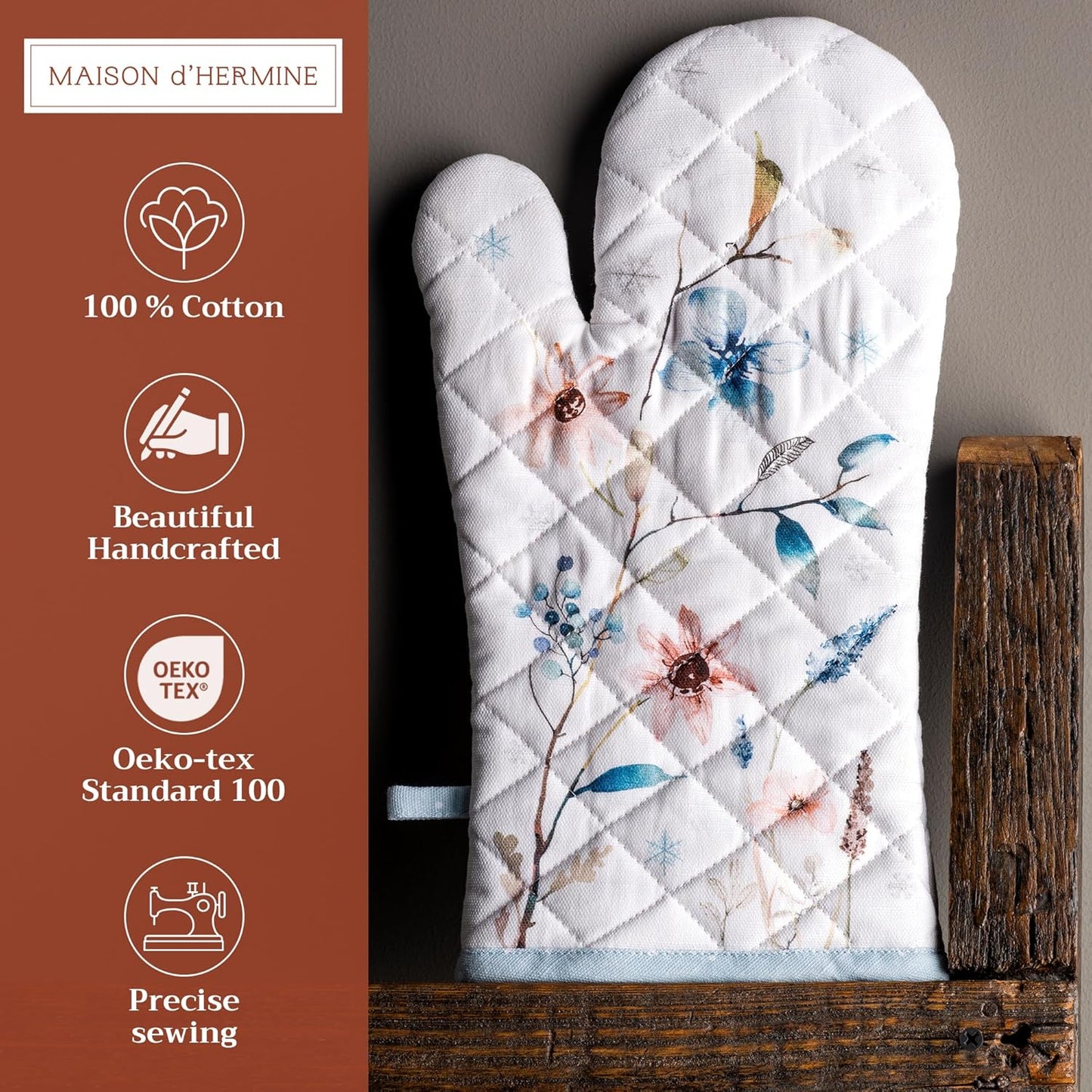 Maison d' Hermine Oven Gloves 100% Cotton Oven Mitt 7" x 13" with Loop Heat Resistant, BBQ, Cooking Gloves, Baking, Grilling, Kitchen, Handling Hot Pans (Pack of 1, Ice Florals)