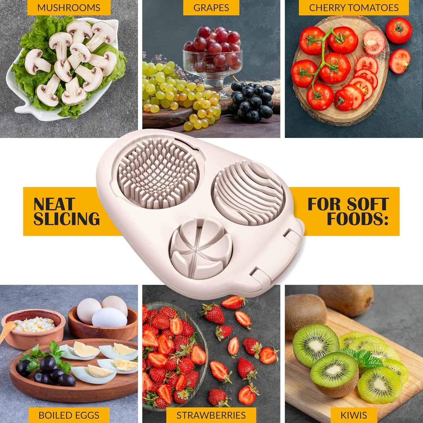 CraftyCrocodile Egg Slicer for Hard Boiled Eggs - 3 Slice Modes Egg Cutter, Heavy Duty, Stainless Steel Dicer - Kitchen Chopper Tool for Strawberry, Mushroom, Grape, Cherry Tomato - Light Beige