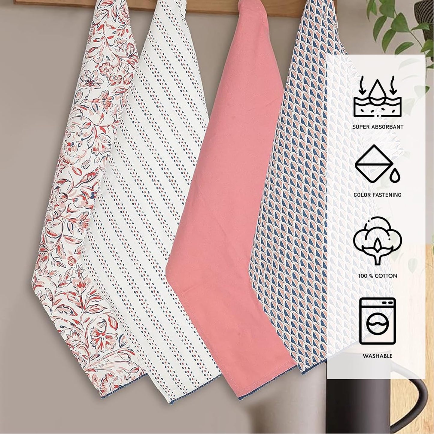 Printed Kitchen Dish Bar and Tea Towels Cotton, 18x28 inch with Trims, Cotton Dish Towel Sets (White & Peach, Set of 4)