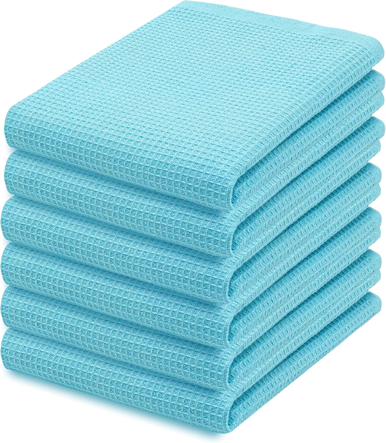 PurpleEssences Waffle Weave Kitchen Towel, 100% Cotton - 15 x 25 Inches, with Hanging Loop Ultra Soft Absorbent Quick Drying Dish Cloth, Tea and Hand Towels, 6 Pack - Spring Summer - Aqua Blue