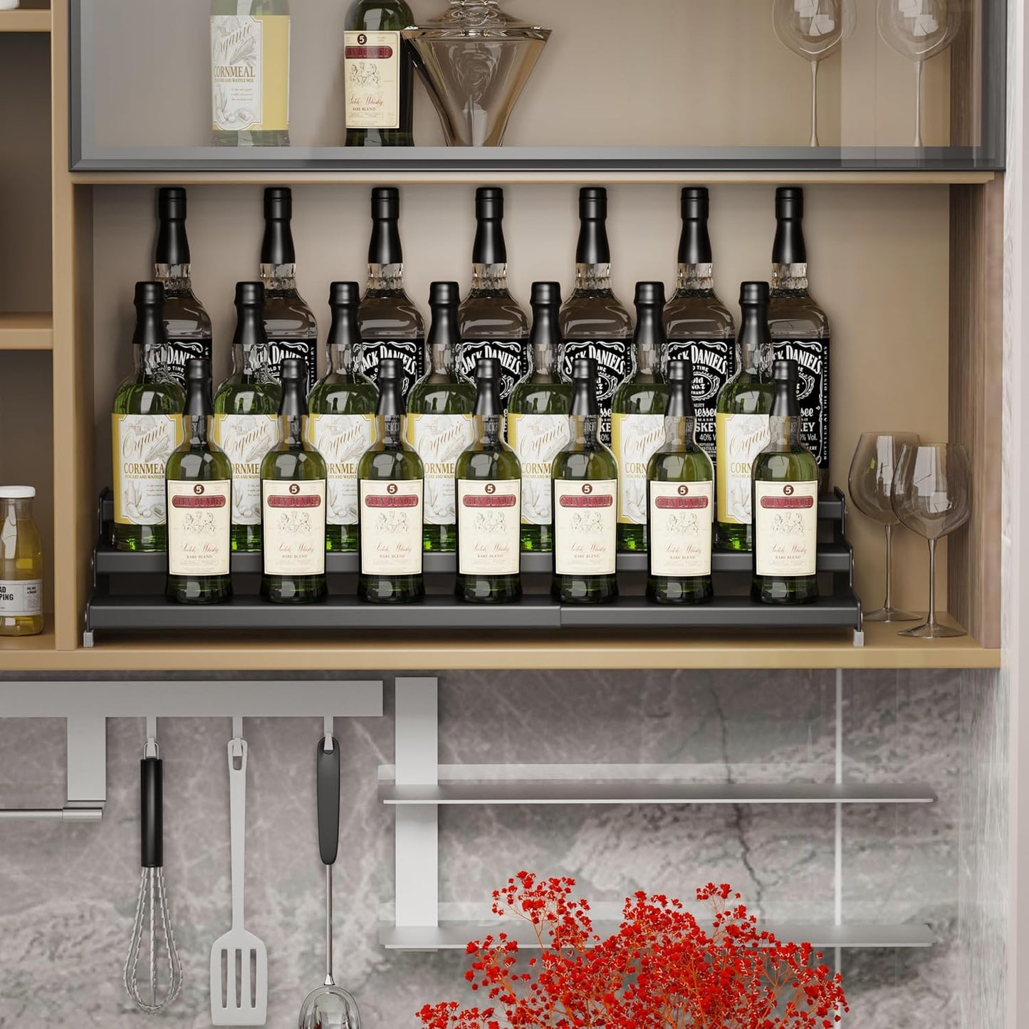 Expandable Spice Rack Storge organizer with 3-Tier step shelf for cabinet,seasoning racks organizion.Great for Kitchen countertop shelves,Pantry and more(2packs/Black)