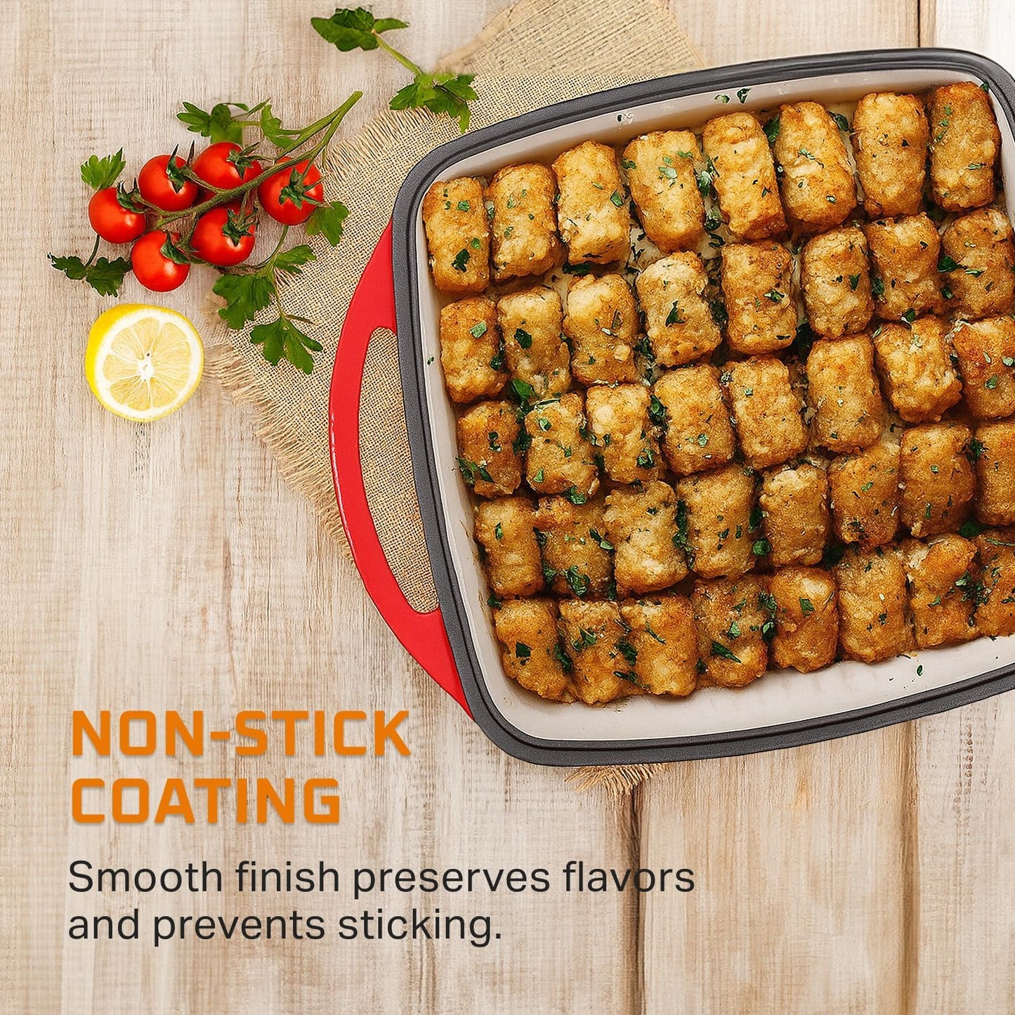 Bruntmor 2-in-1 Square Enameled Cast Iron Dutch Oven Baking Pan and Gridle Lid with Dual Handles, Cast Iron Skillet lid, Coating Gridle for Baking, Bacon,Steaks - Red