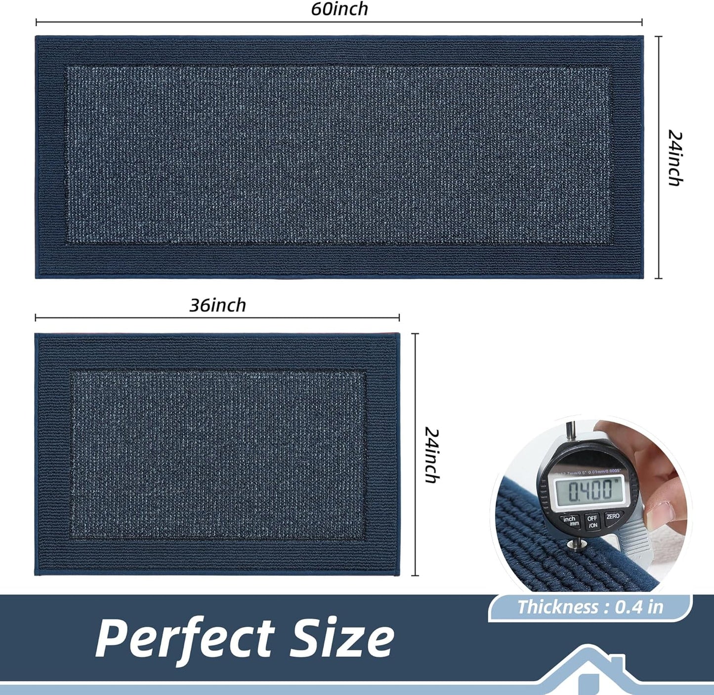 BEQHAUSE Kitchen Rugs and Mats Set of 2 Non-Slip Kitchen Mats for Floor, Absorbent and Stain Resistant Kitchen Runner, Machine Washable Rugs for Kitchen, Laundry & Sink, 24"x36"+24"x60", Blue