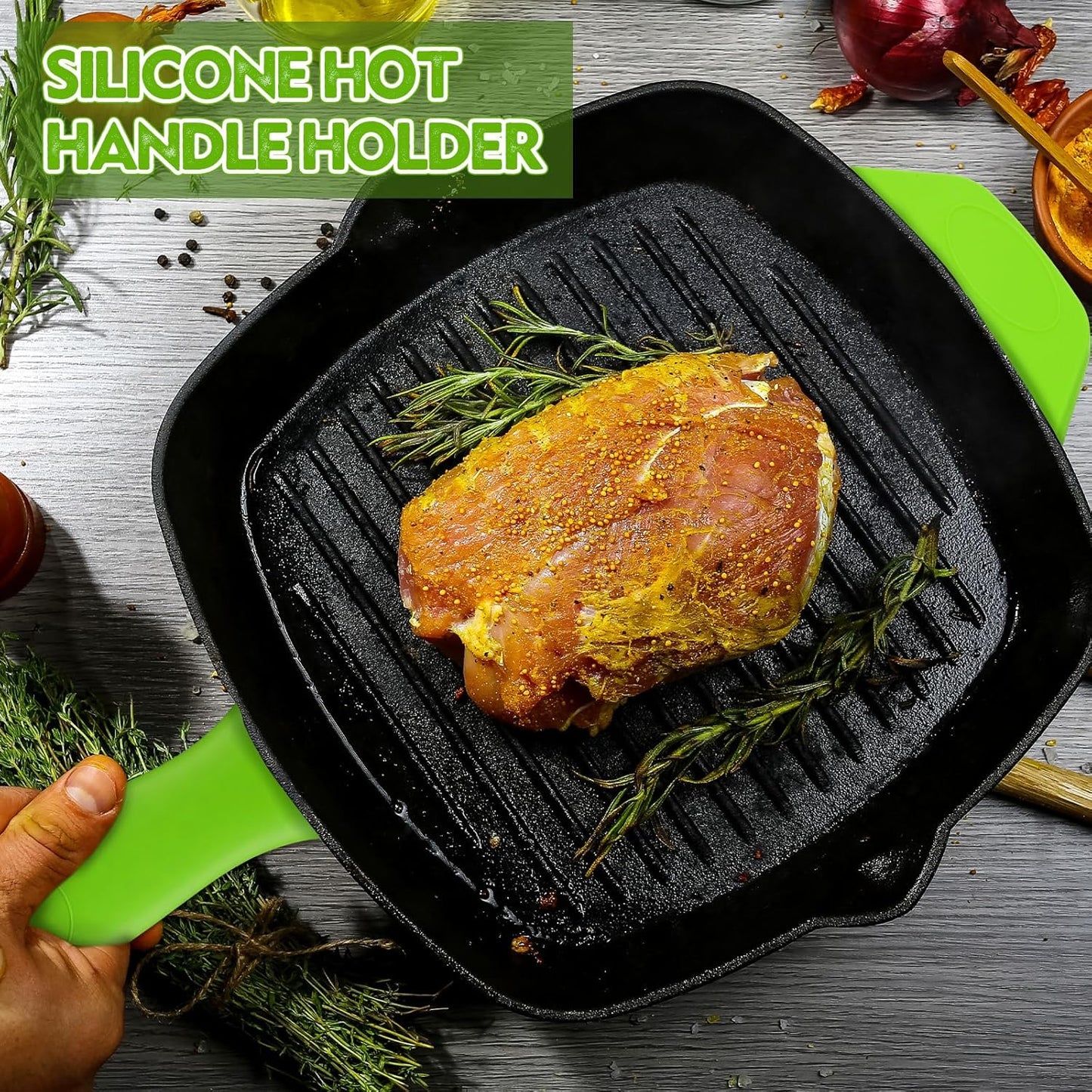 Domensi 4 Pcs Silicone Hot Handle Holder Set Cast Iron Skillet Handle Covers Heat Resistant Silicone Assist Handle Holder for Frying Pans Cast Iron Skillet Griddles Cookware(Green)