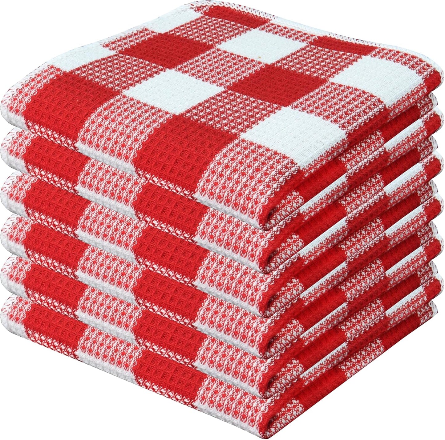 PurpleEssences Waffle Weave Plaid Dish Cloths, 100% Cotton - 12 x 12 Inches, Ultra Soft Absorbent Quick Drying Dish Towels Buffalo Check Dish Rags for Kitchen, 6 Pack - Spring Summer - Red and White
