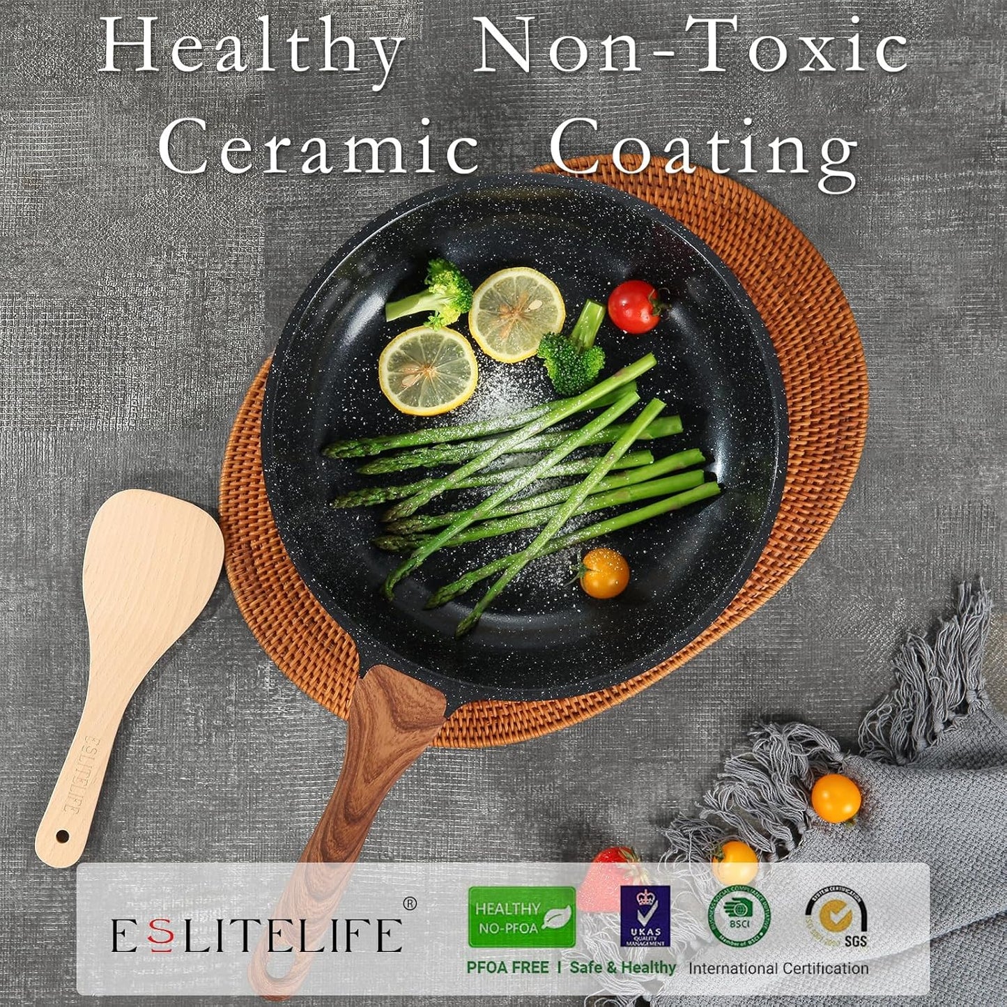 ESLITE LIFE Nonstick Ceramic Frying Pans Skillets Set with Lids, Non-Toxic Egg Omelette Kitchen Cooking Pans Compatible with All Stovetops (Gas, Electric & Induction), PTFE & PFOA Free (Black)
