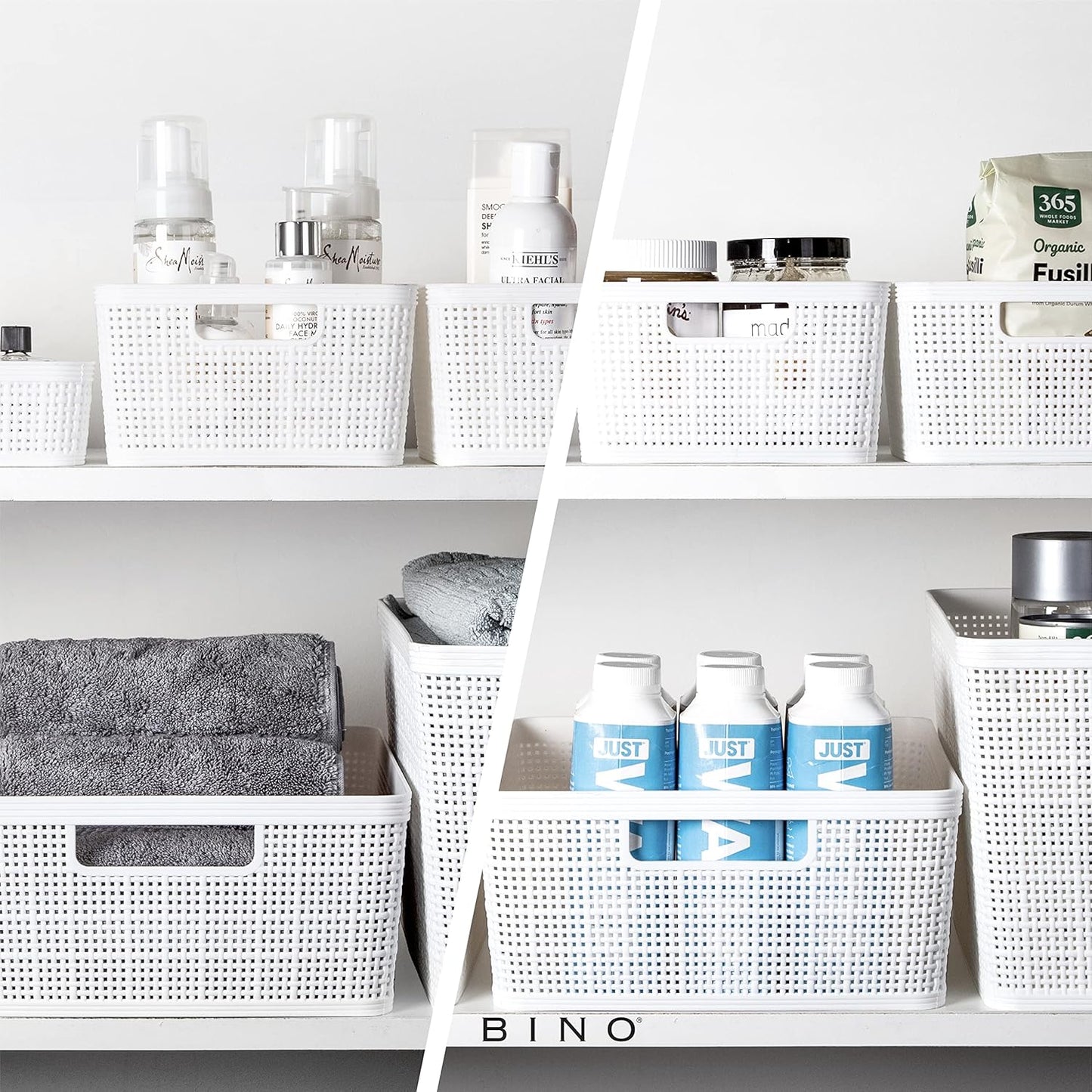 BINO | Woven Plastic Basket | Medium (White), 4-Pack | THE JUTE COLLECTION | Home Organization, Space - Saving Storage, Stylish Design | Jute Basket | Plastic Storage Basket