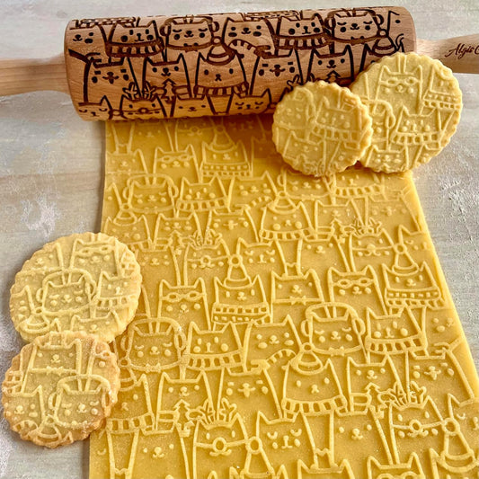 HAPPY CATS Embossing Rolling Pin. Dough and Clay Roller for Embossed Cookies and Pottery. Cookie and Ceramic Stamp. Baking Gifts by Algis Crafts