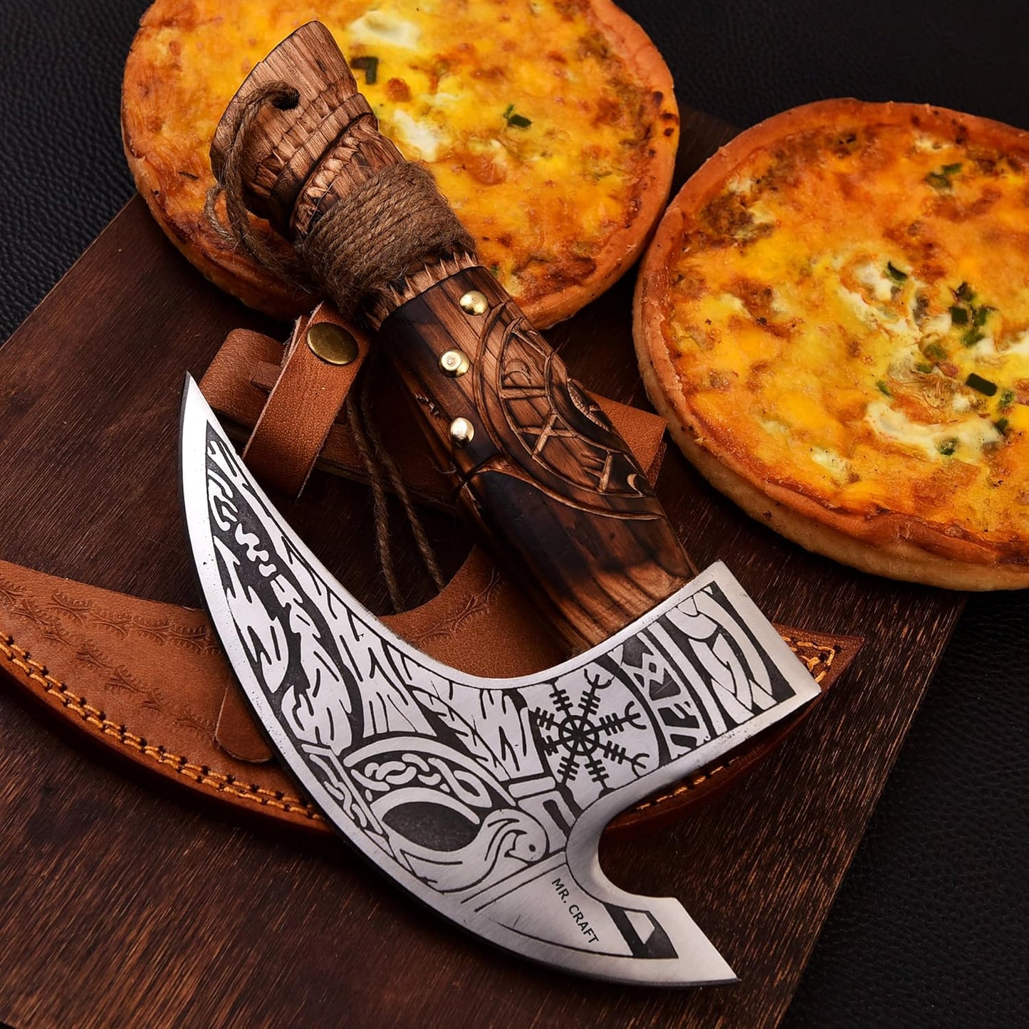 MR. CRAFT Pizza Cutter Axe Carbon Steel Slicer Chef Viking Axe with Leather Cover - Premium Pizza Oven Accessories Ulu Rocking Pizza Gifts for Men (Engraved Ash Wood)
