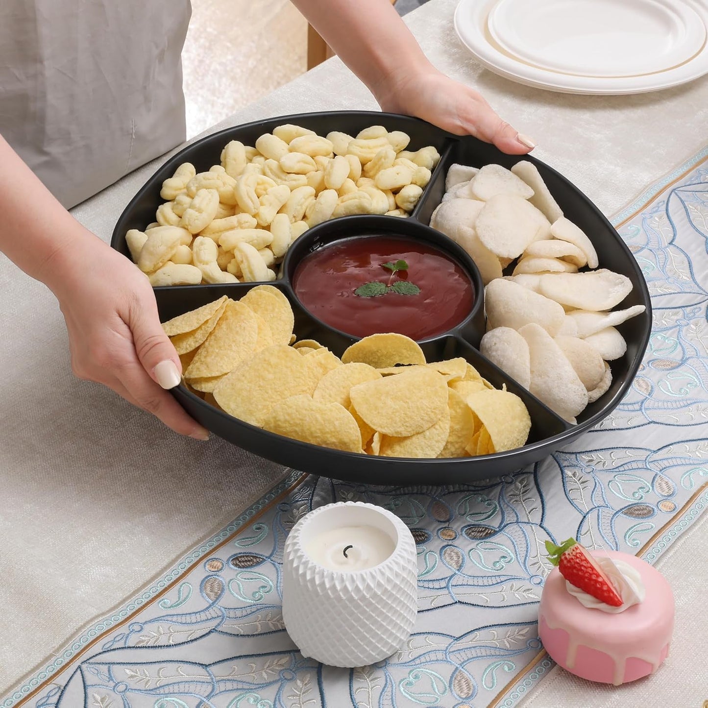 Chip & Dip Serving Tray Set, 4 Sectional Round Melamine Serving Platter, Relish Tray, Round Compartment Appetizer platter for Veggies, Candy and Snacks, Matte Black, Set of 2