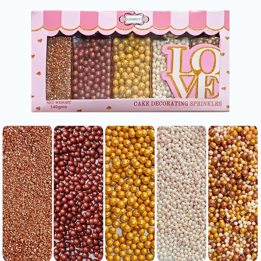 Confect Sprinkle Mix – Edible Gold, Bronze & White Sugar Pearls with Copper Sparkling Sugar –Great Gatsby Disco Ball- Elegant Cake, Cupcake & Cookie Decorating Sprinkles –Vegan, Gluten-Free, Nut-Free, Soy-Free, Dairy-Free, Palm Oil-Free, Dye Free- 5 Oz