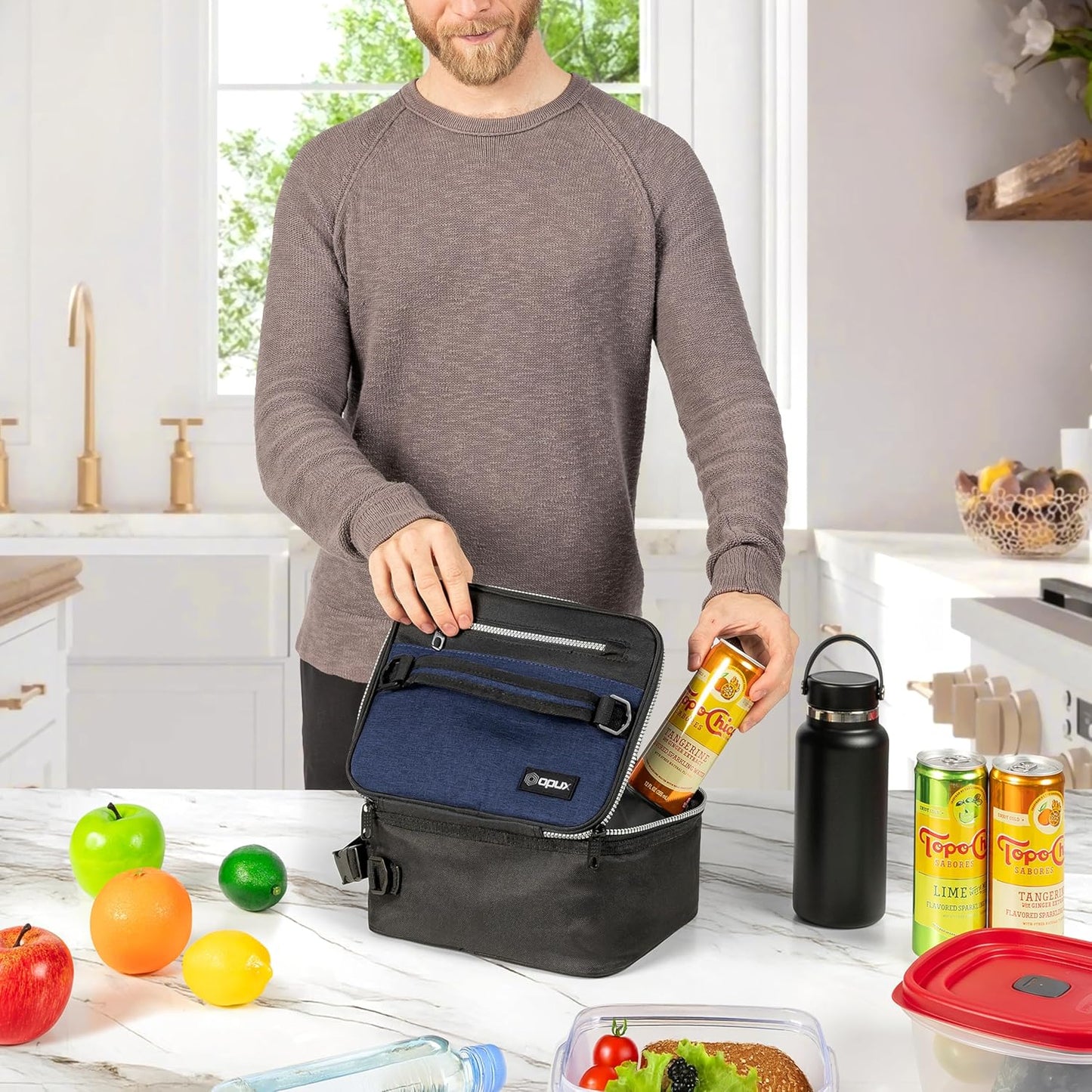 opux Insulated Lunch Box for Men Women Adult, Compact Lunch Bag for Kids Boy Girl Teen, Soft Lunch Cooler Bag for Work School, Leakproof Lunchbox Lunch Pail with Clip-on Buckle, Heather Navy