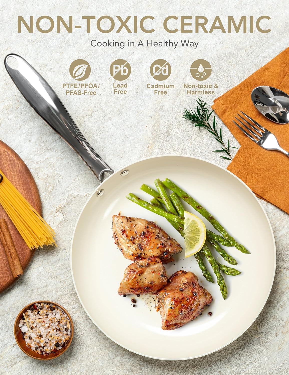 MICHELANGELO 10 Inch Frying Pan with Lid, Nonstick Fry Pan with Ceramic Coated, Induction Compatible Skillet, PFAS & PFOA-Free, White