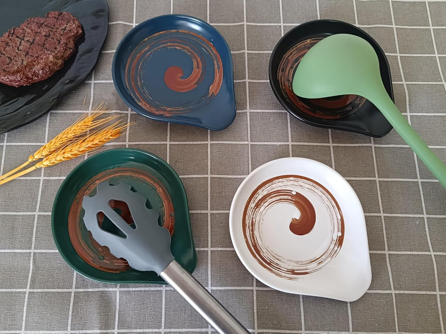 Ceramic Spoon Rest for Stove Top, Hand Painted Brown Swirl Spoon Rest for Kitchen Counter, Retro Cooking Spoon Holder for Kitchen Counter, Utensil Rest for Spatula Ladle or Tong (White)