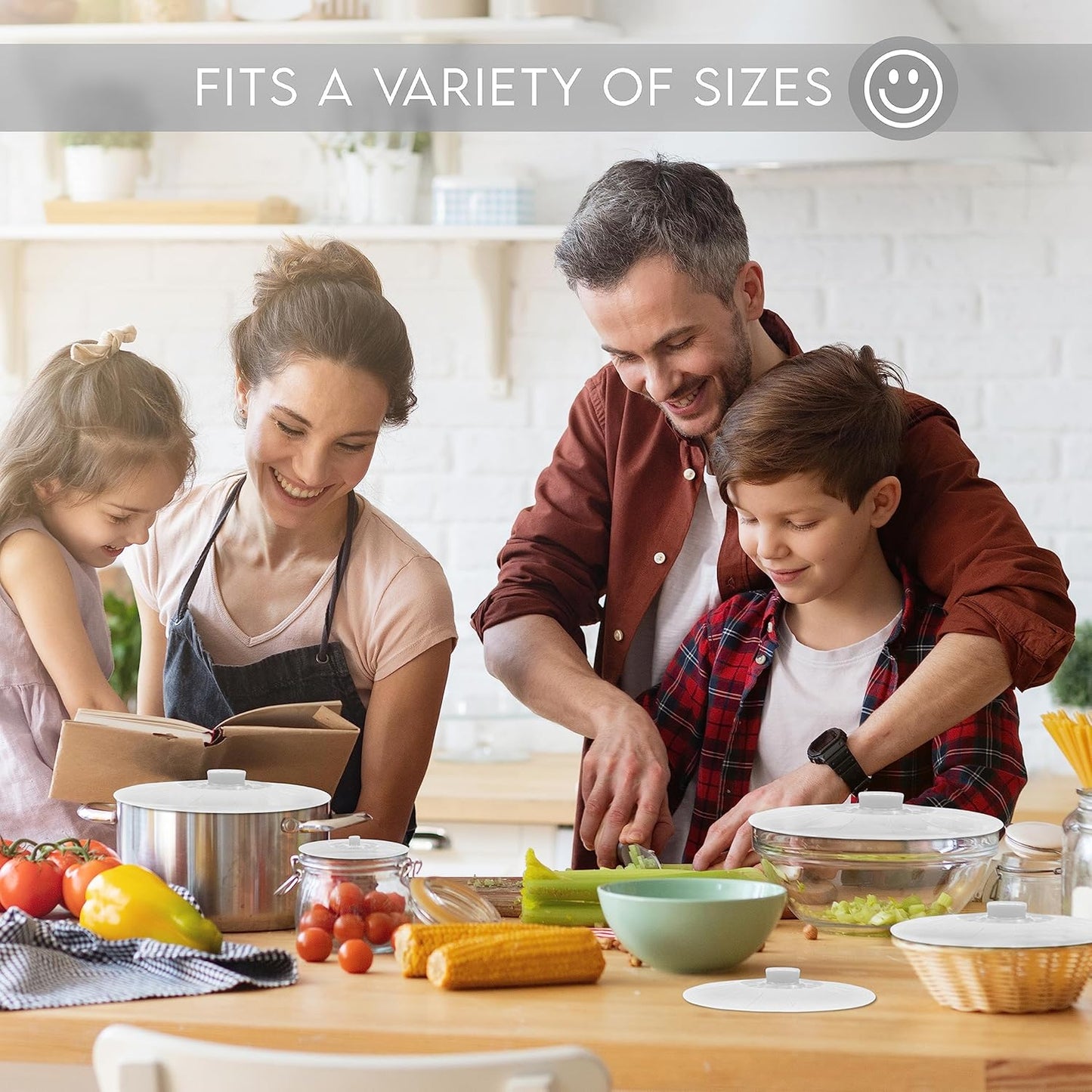 Silicone Bowl Lids White, Set of 5 Reusable Suction Seal Covers for Bowls, Pots, Cups. Food Safe. Natural grip, interlocking handles for easy use and storage.