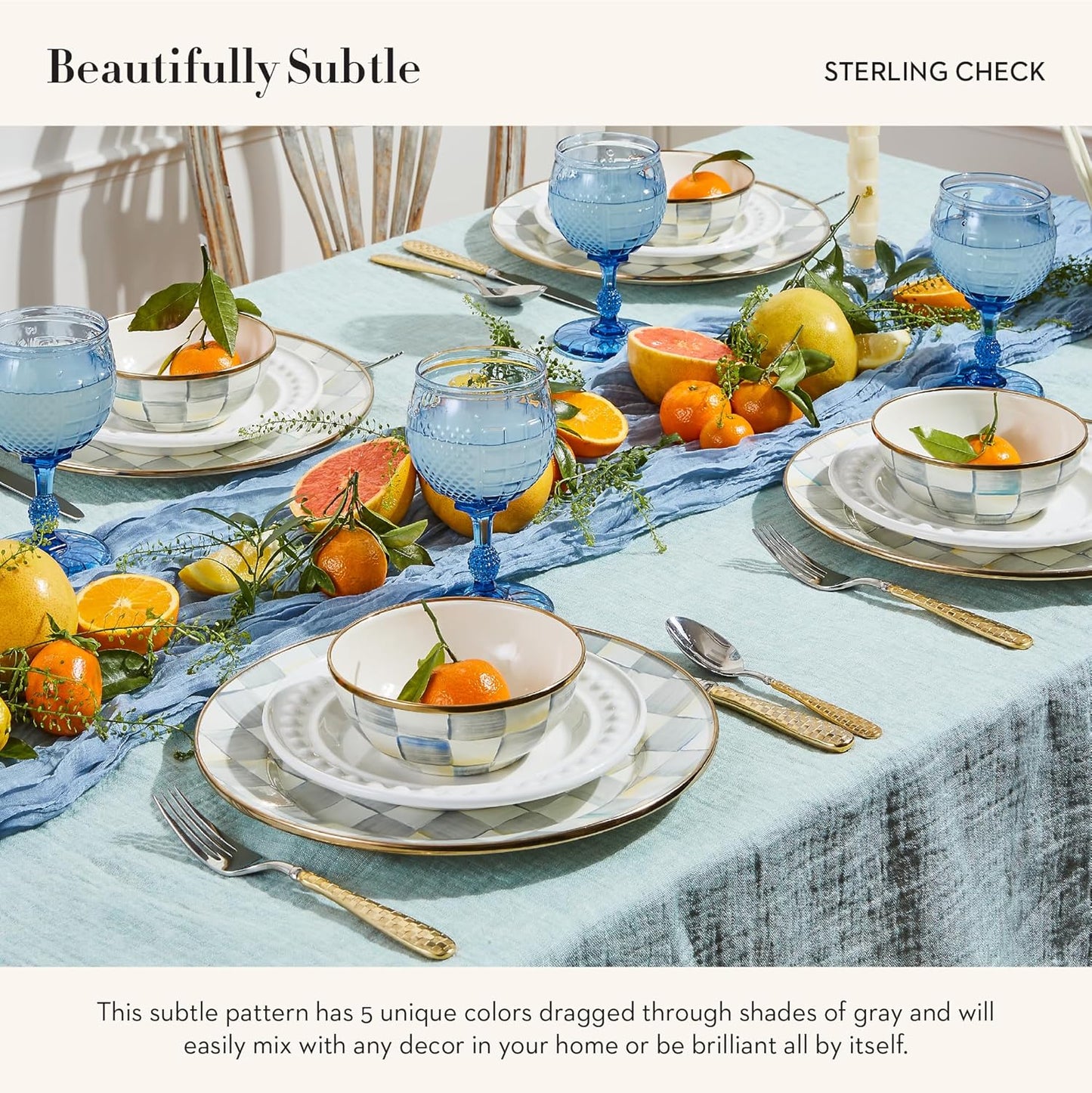 MACKENZIE-CHILDS Enamel Everyday Bowl, Serving Bowl for Entertaining, Extra-Small, Gray-and-White Sterling Check, Set of 4