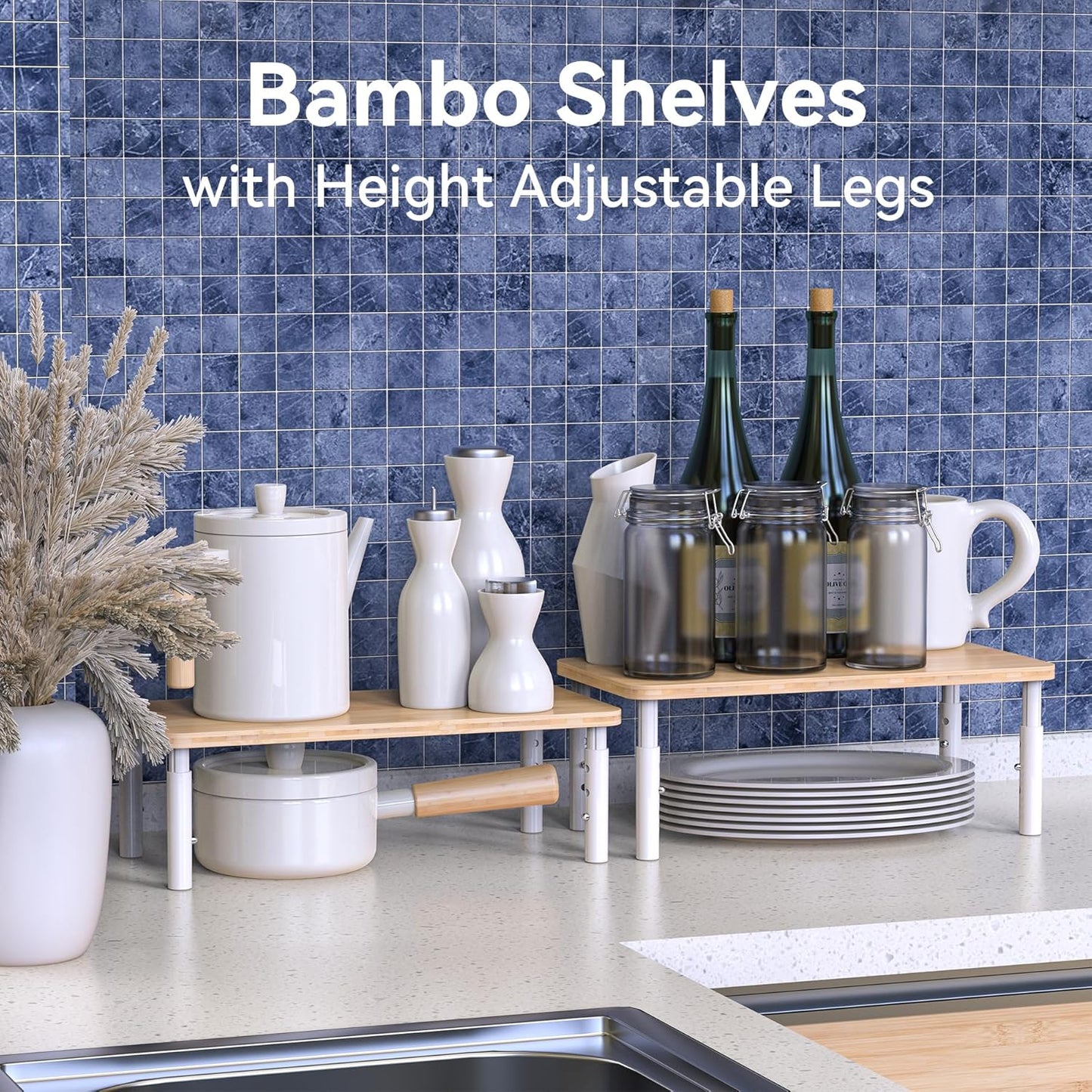 Cabinet Organizer Shelf, Spice Rack Set of 2 Kitchen Pantry Cupboard Shelves, Stackable, Height Adjustable, Natural Bamboo (15.6" Wx77.Dx6.57 H per Pack)