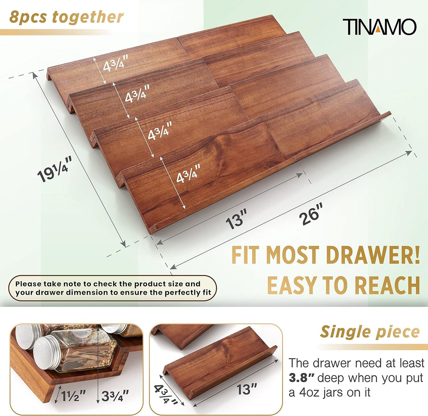 Tinamo Acacia Wooden Spice Rack Organizer for Cabinet - Spice Drawer Insert, Spice Organization for Cabinet, Seasoning Organizer, 4-Tier Spice Jar Rack for Drawer, Spice Holder Pack of 8 (64 Jars)