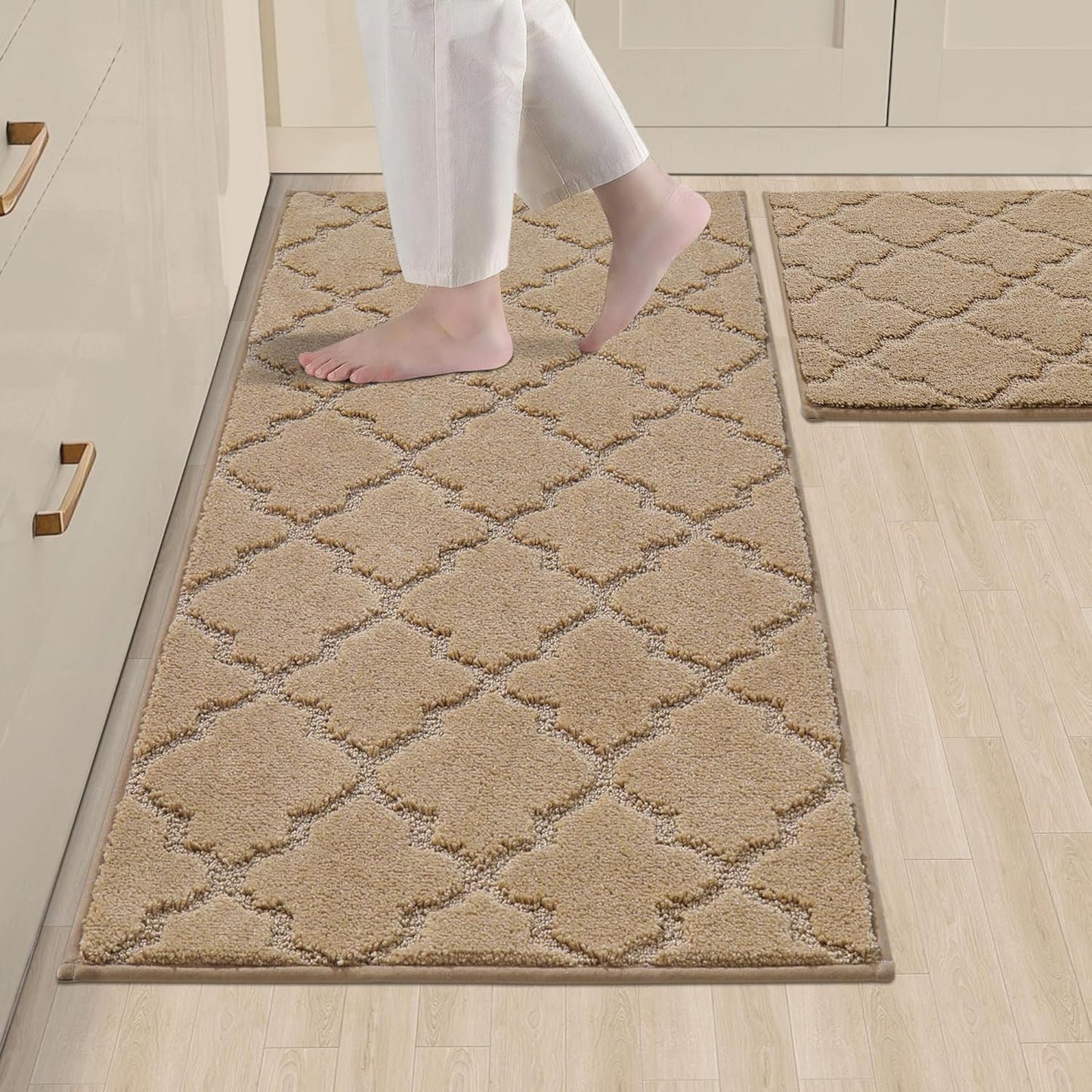 COSY HOMEER Soft Kitchen Rugs [2 PCS] for in Front of Sink Super Absorbent Kitchen Floor Mats and Mats 20x30 Inch/20X48 Non-Skid Kitchen Mat Standing Mat Washable,Polyester,Beige