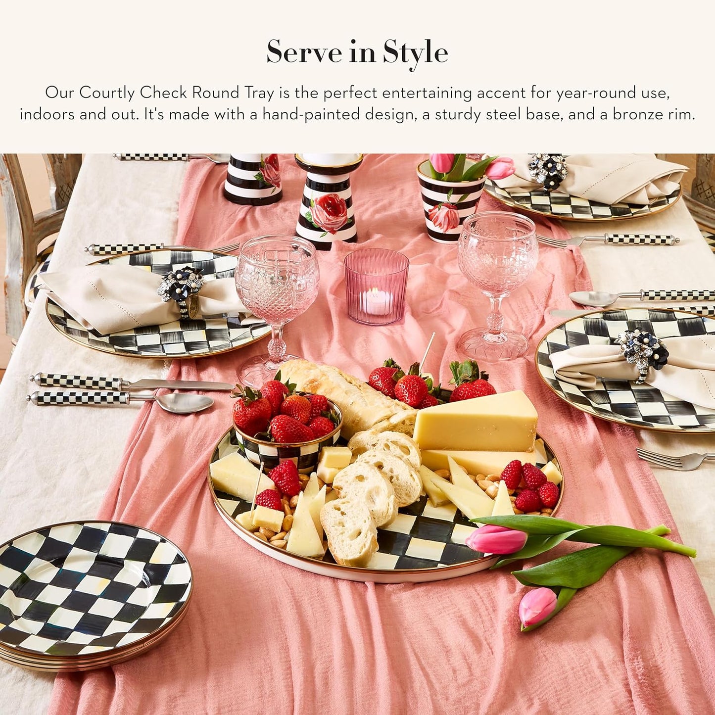 MACKENZIE-CHILDS Enamel Round Tray, Unique Serving Platter for Food and Drinks, Black-and-White Courtly Check