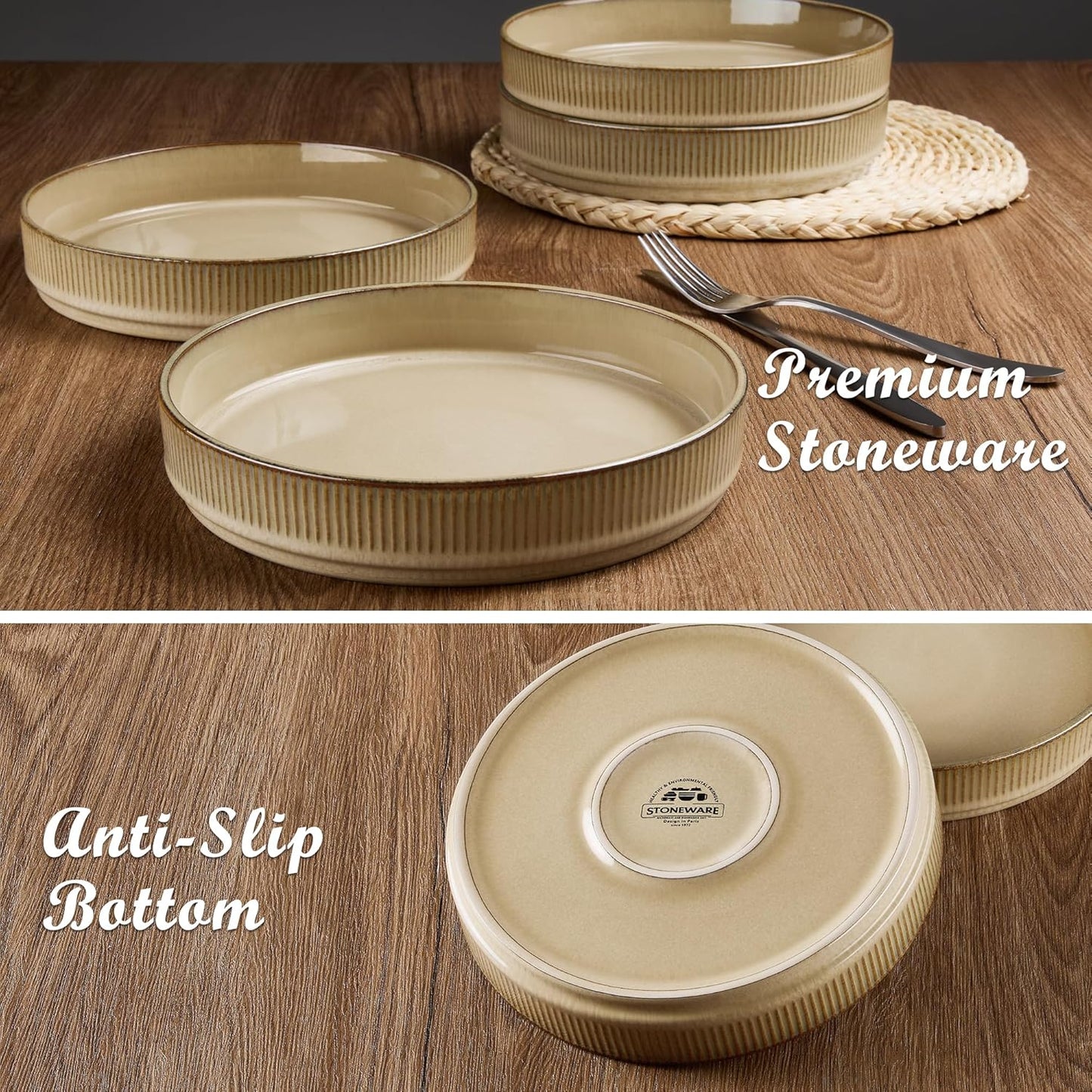 E-far Pasta Bowls Set of 4, 35oz Large Salad Bowl Plate for Dinner Serving, Wide & Shallow Ceramic Stoneware Pasta Plate, Microwave & Dishwasher Safe, Reactive Glaze Textured Stripe, Caramel Khaki