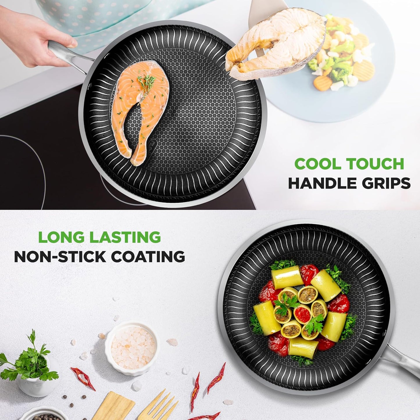 6-Piece Cookware Set Stainless Steel - 3 layers Kitchenware Pans Set Kitchen Cookware w/DAKIN Etching Non-Stick Coating - Small, Medium, & Large Stir Fry Pan with Lid - NutriChef NC3PFRY3