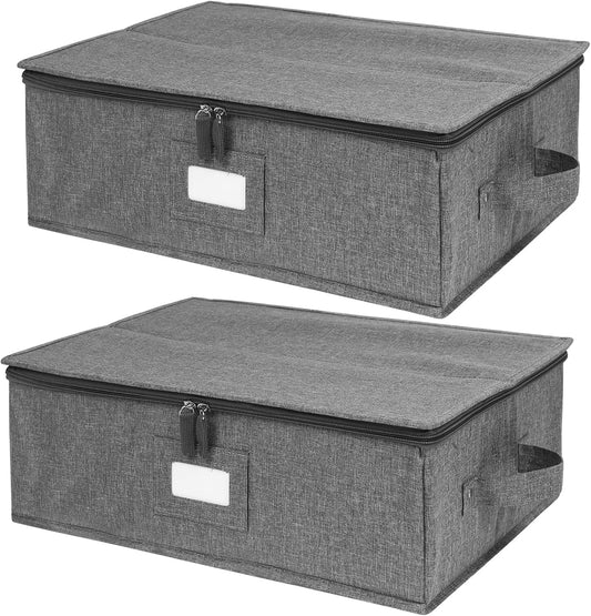China Storage Containers Hard Shell 2 Pack, Platter Storage Case 17" x 13" x 6", 5 Felt Dividers Included, Structured Top and Stackable (Linen Grey)