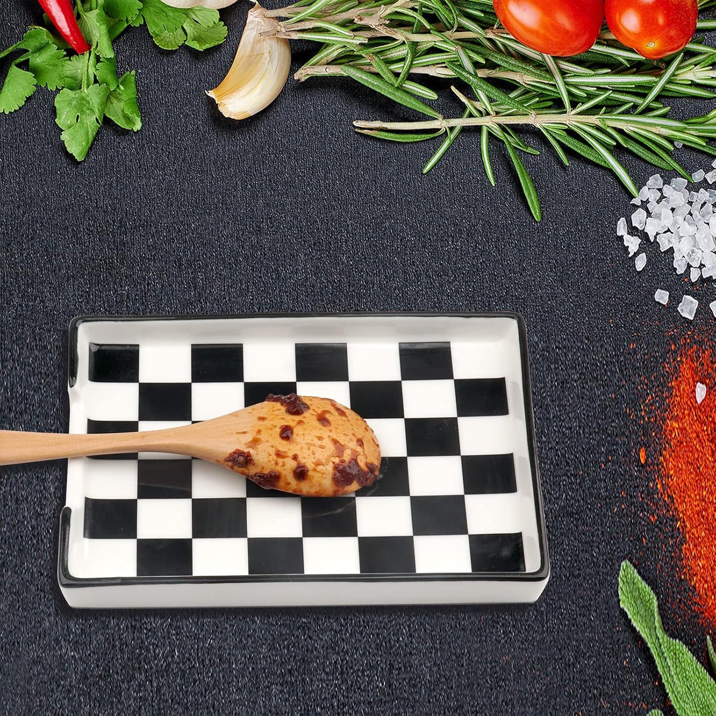 Spoon Rest,Ceramic Spoon Rest for Kitchen Counter Dishwasher Safe Marble Decor Spoon Holder for Kitchen (Large, Black&White, 1)