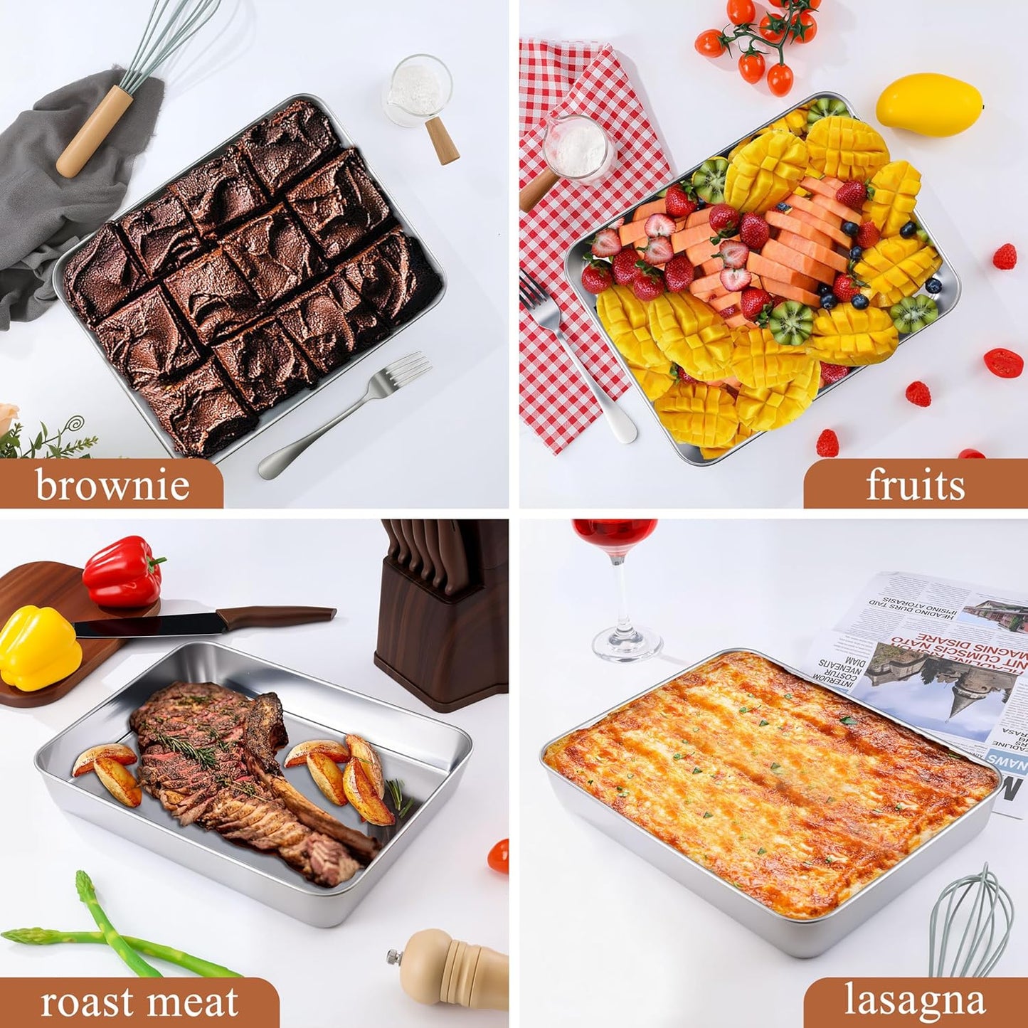 LIANYU 12⅓ x 9¾ x 2 Inch Cake Baking Pan Set of 4, Toaster Oven Pan for Brownies Lasagna Casseroles Cookie Meat, Stainless Steel Rectangle Bakeware Set, Heavy Duty & Mirror Polished, Dishwasher Safe