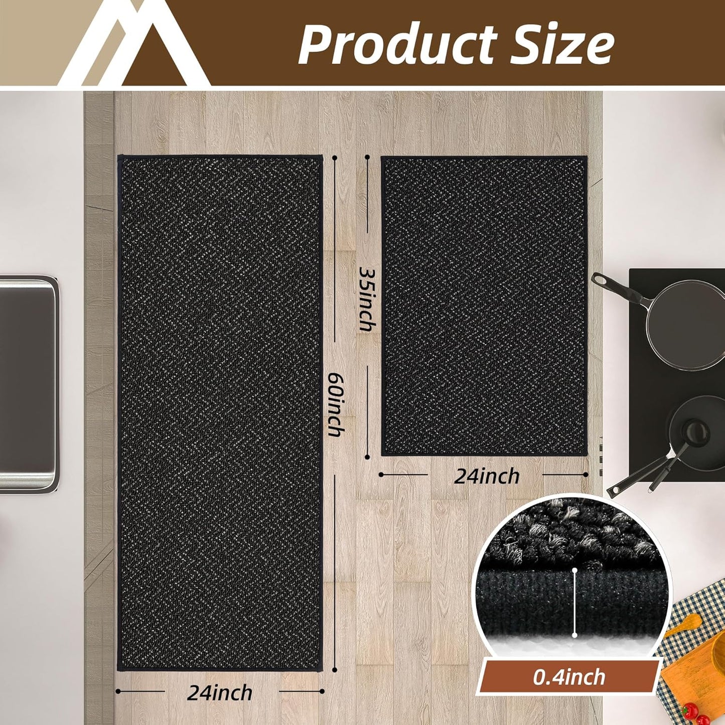 COSY HOMEER Kitchen Rugs Non Slip Washable 24"x36"+24"x60" Absorbent Kitchen Mats for Floor Stain Resistant Kitchen Runner Rug Sets of 2 Kitchen Floor Mats for Sink,Black