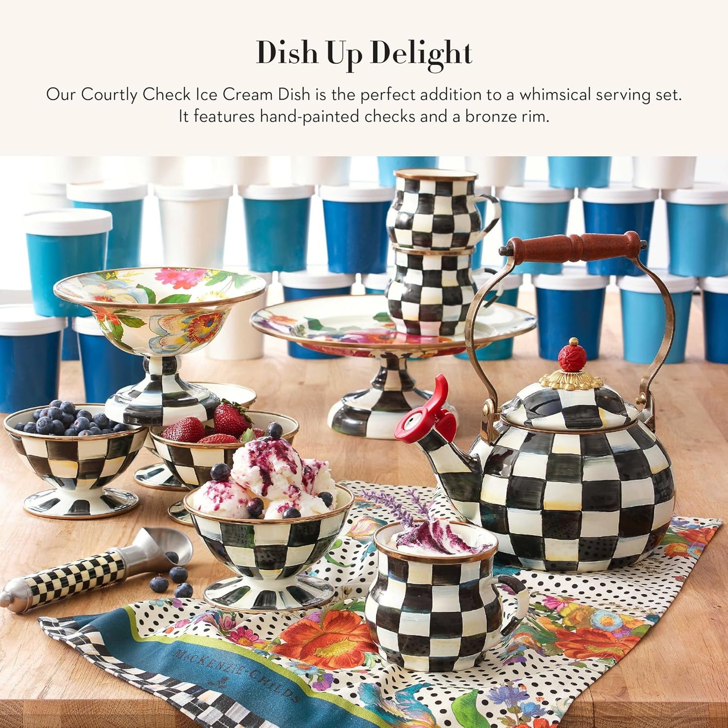 MACKENZIE-CHILDS Enamel Ice Cream Bowl, Serving Bowls for Entertaining, 2-Cup Capacity, Black-and-White Courtly Check