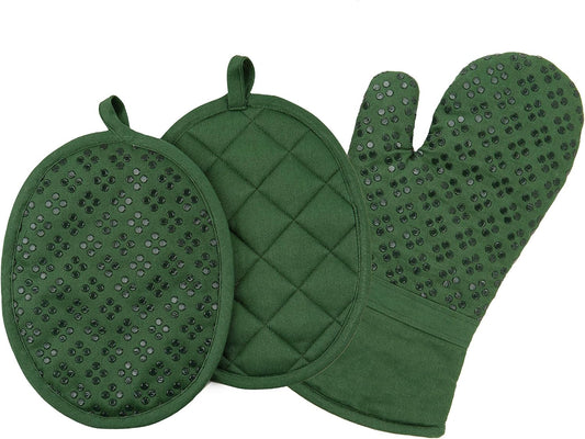 Sticky Toffee Oven Mitt and Pot Holder Set of 3 – Dark Green Non-Slip Silicone Kitchen Hot Pads and Mitts, 100% Cotton Shell, Oeko-Tex Cotton